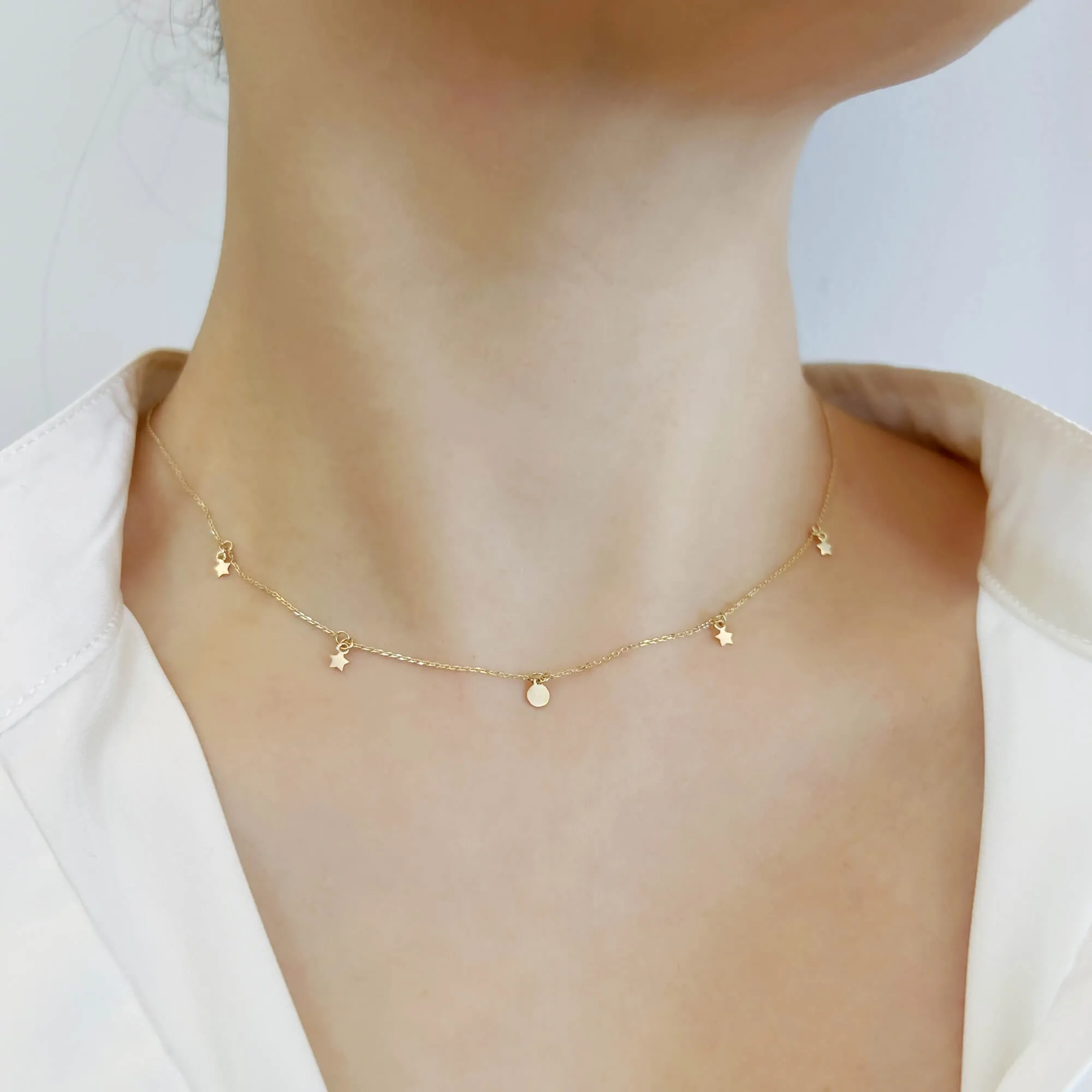 14K Solid Gold Dainty Moon & Star Choker Necklace