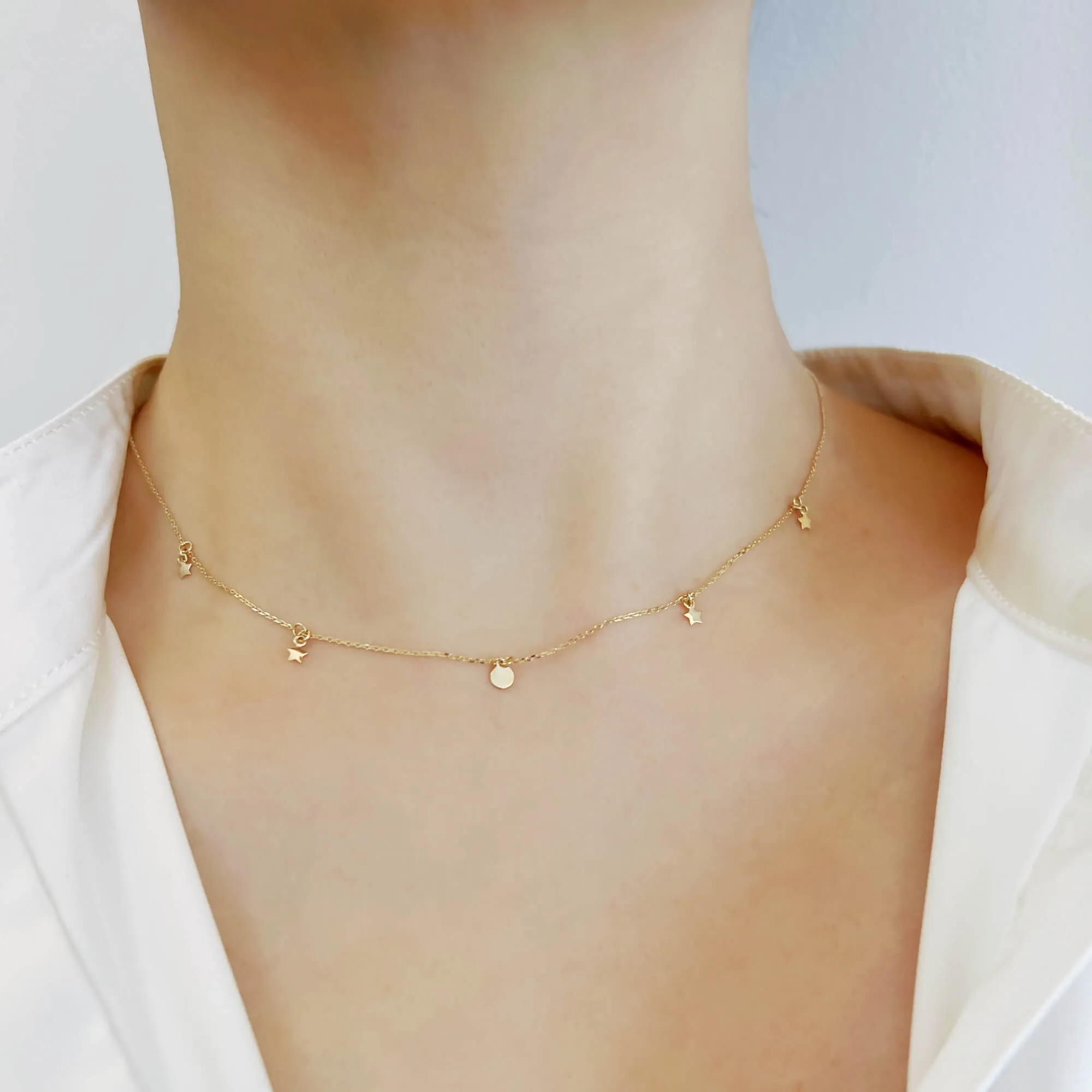 14K Solid Gold Dainty Moon & Star Choker Necklace