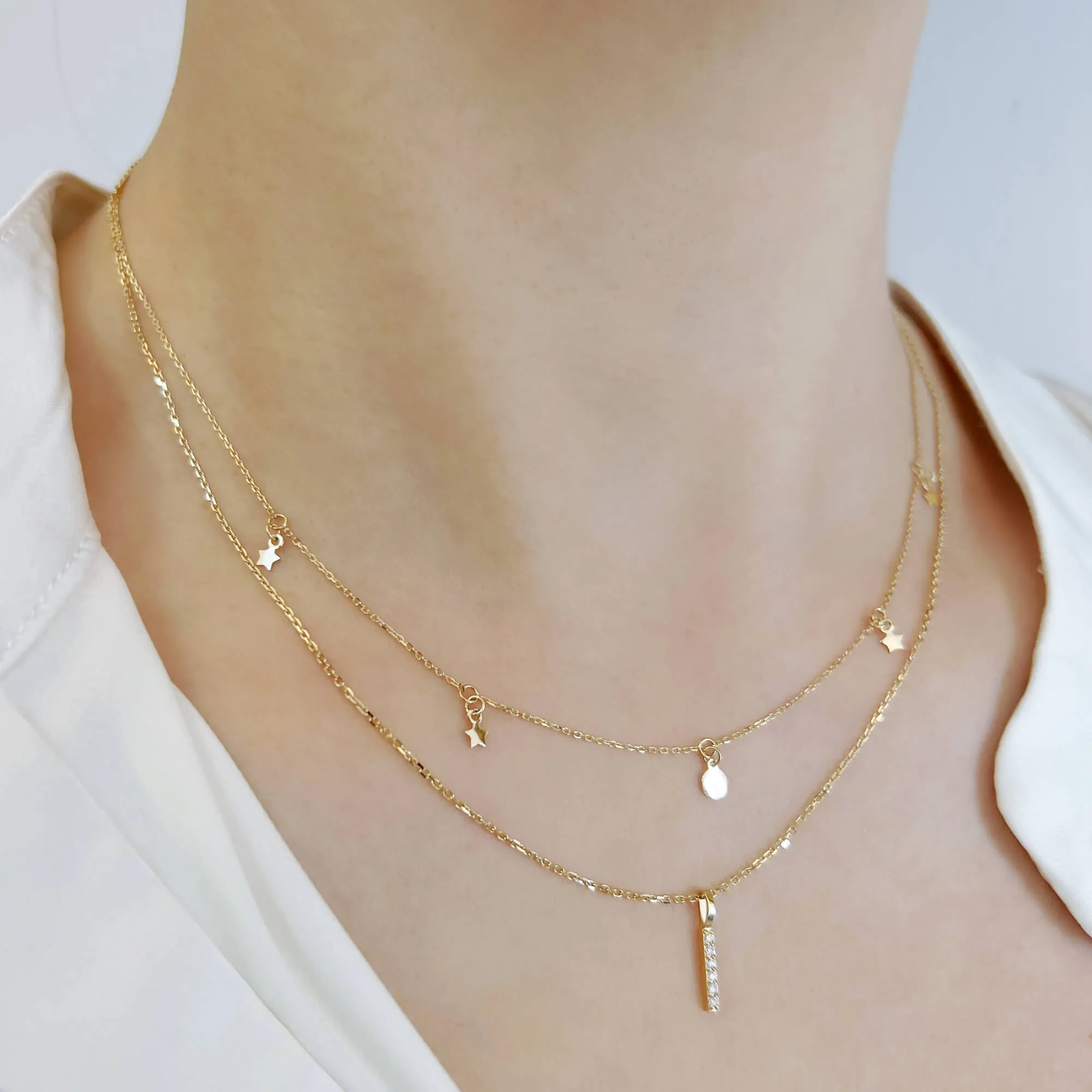 14K Solid Gold Dainty Moon & Star Choker Necklace