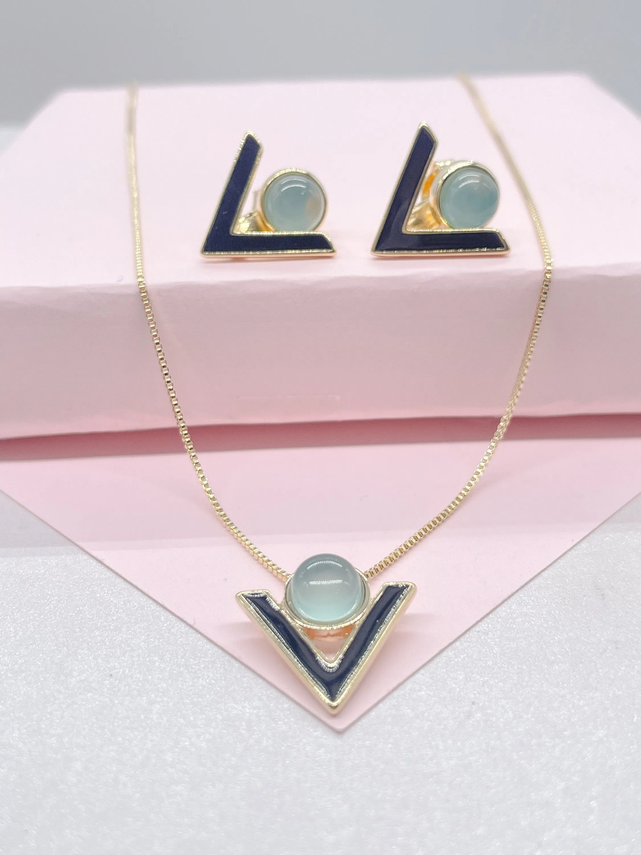 18k Gold Filled Enamel Triangle with round natural stone set