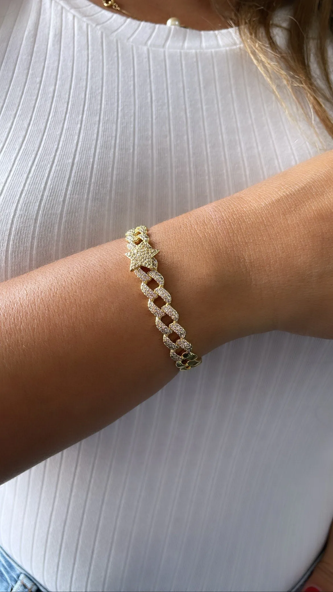 18k Gold Filled Pave Link Cuff Bracelet With Pave Heart & Star Bracelet