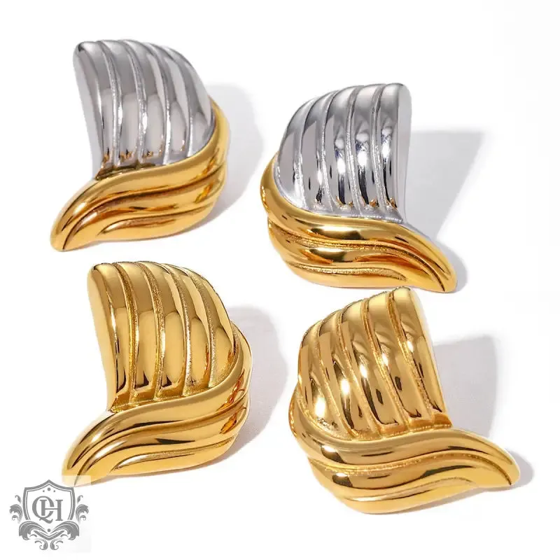 18K gold trendy unique thread wave shape earrings
