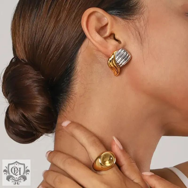 18K gold trendy unique thread wave shape earrings