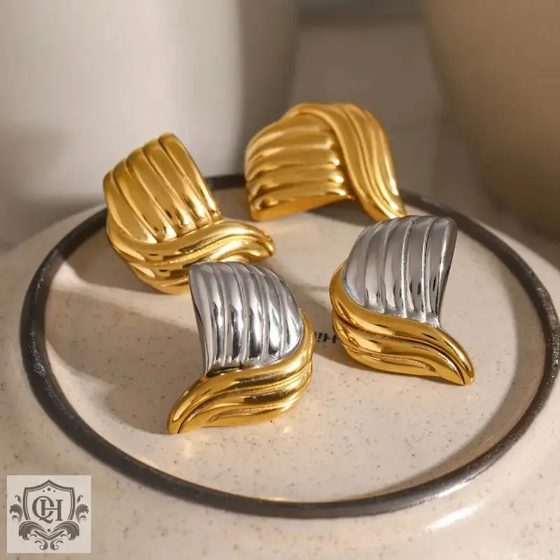 18K gold trendy unique thread wave shape earrings
