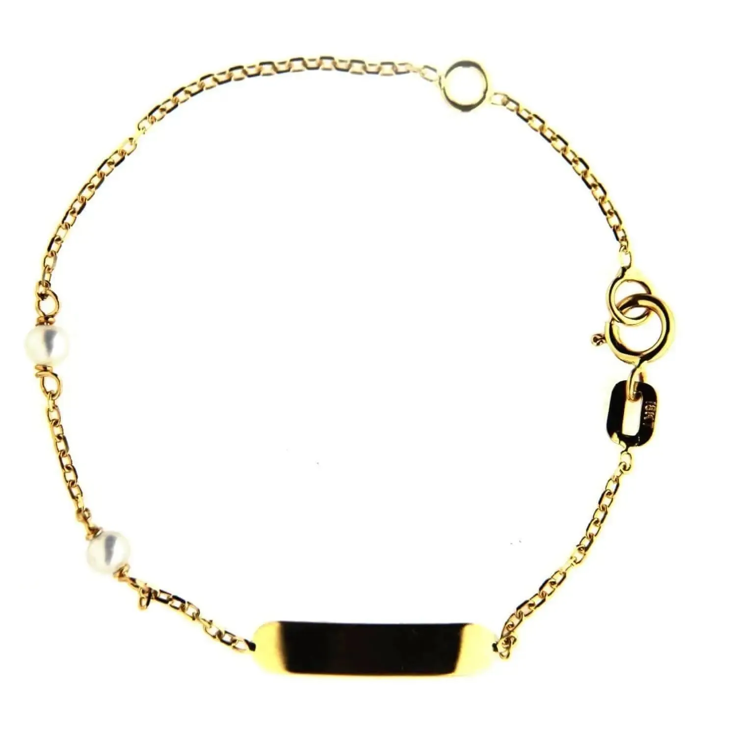 18K Solid Yellow Gold Two Cultivated Pearls ID Bracelet