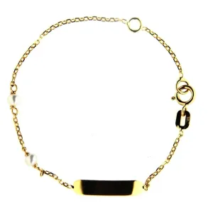 18K Solid Yellow Gold Two Cultivated Pearls ID Bracelet