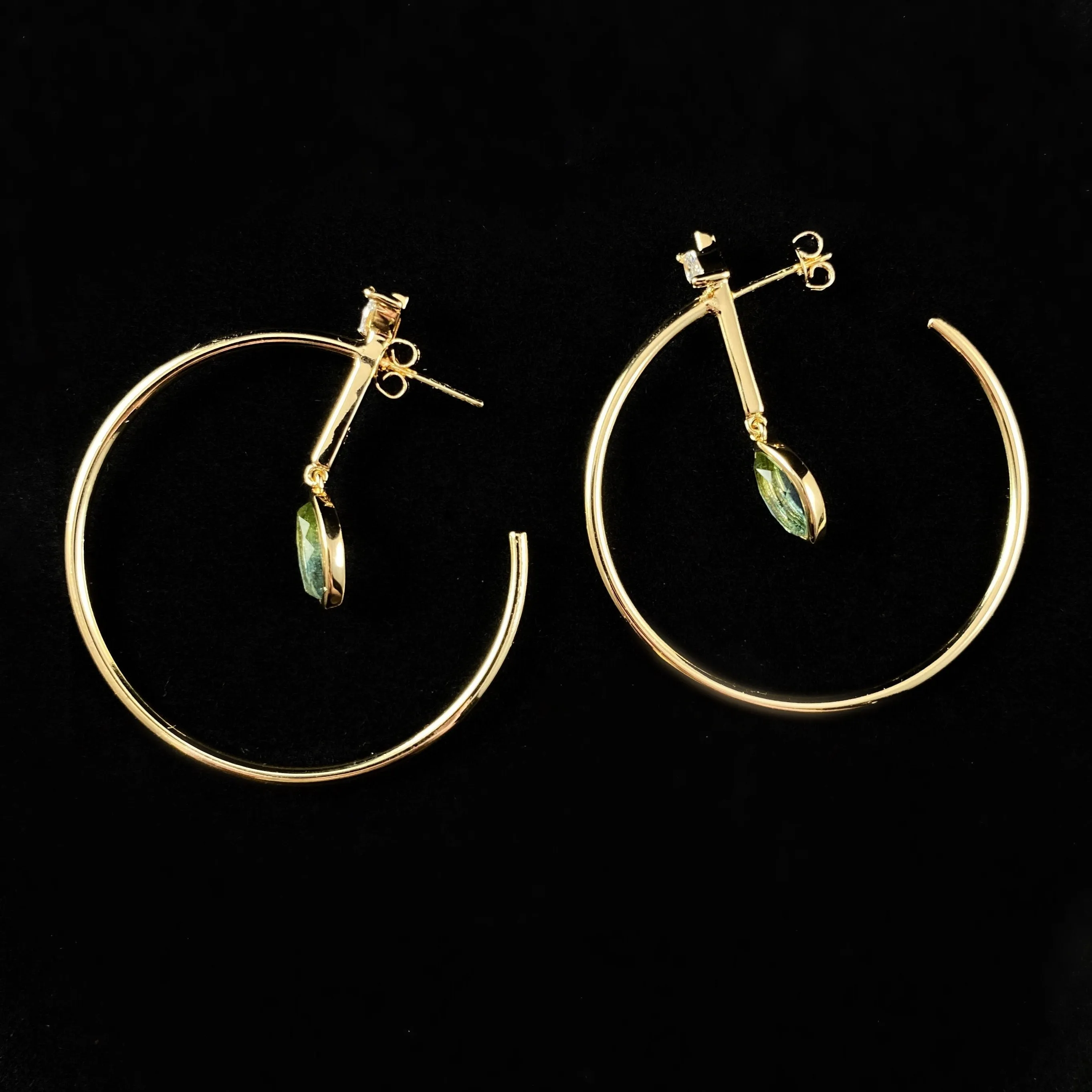 1920s Gold Statement Hoops Earrings with Marquise Quartz Stone - Ocean Marquise