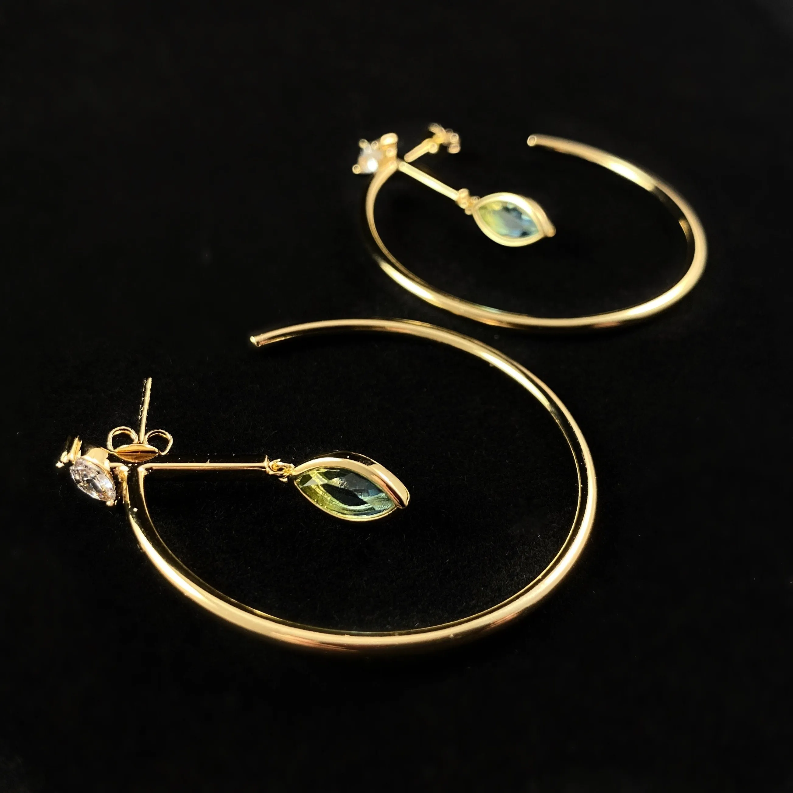 1920s Gold Statement Hoops Earrings with Marquise Quartz Stone - Ocean Marquise