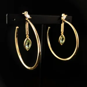 1920s Gold Statement Hoops Earrings with Marquise Quartz Stone - Ocean Marquise