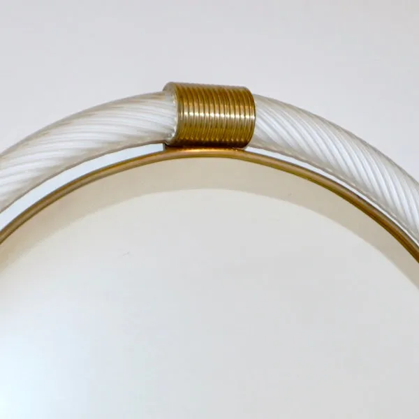 1990s Barovier Italian Milk White Twisted Murano Glass Modern Round Brass Mirror