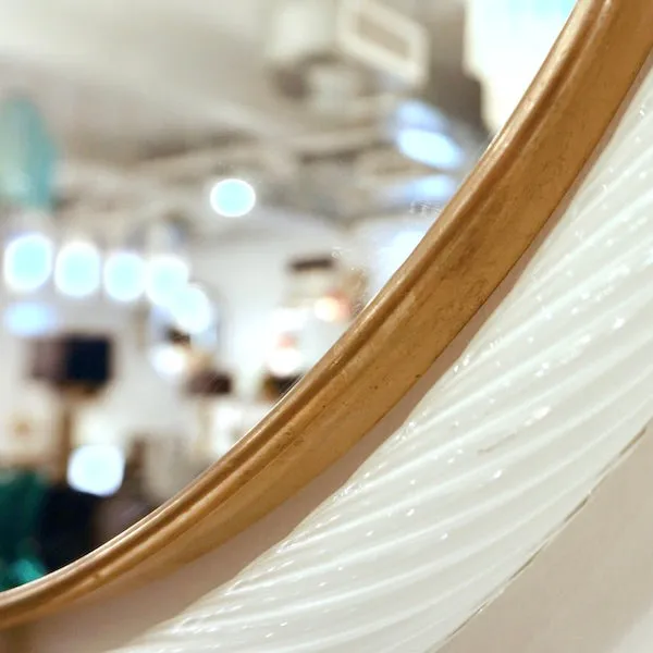 1990s Barovier Italian Milk White Twisted Murano Glass Modern Round Brass Mirror