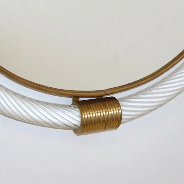 1990s Barovier Italian Milk White Twisted Murano Glass Modern Round Brass Mirror
