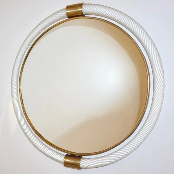 1990s Barovier Italian Milk White Twisted Murano Glass Modern Round Brass Mirror