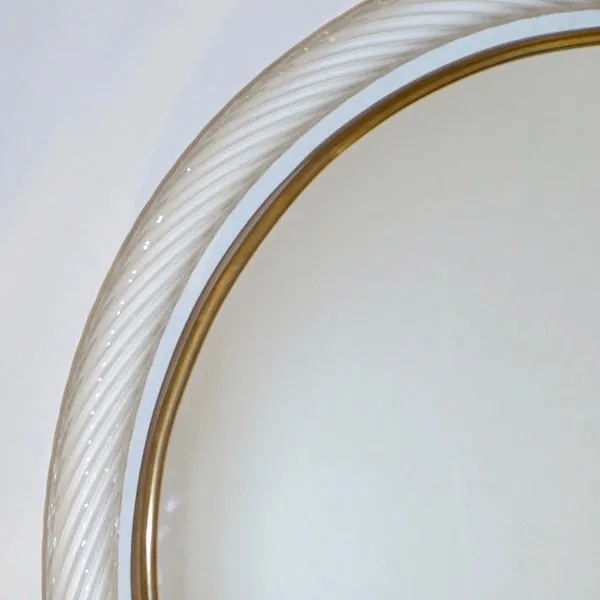 1990s Barovier Italian Milk White Twisted Murano Glass Modern Round Brass Mirror