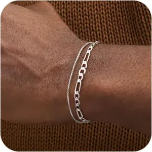 2 Pcs Mens Bracelets chain - 925 Sterling Silver Bracelet - Figaro Chain Bracelet for Men Women Boyfriend Gifts Jewelry Set -7/7.5/8 Inches