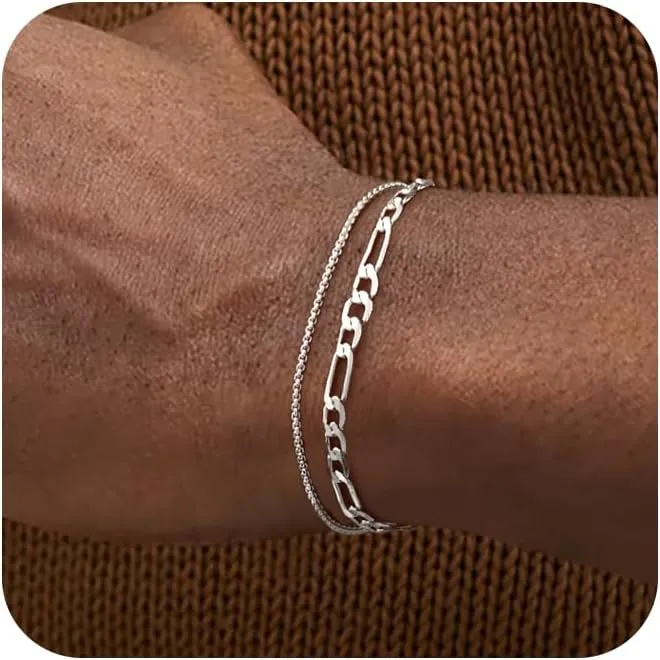 2 Pcs Mens Bracelets chain - 925 Sterling Silver Bracelet - Figaro Chain Bracelet for Men Women Boyfriend Gifts Jewelry Set -7/7.5/8 Inches