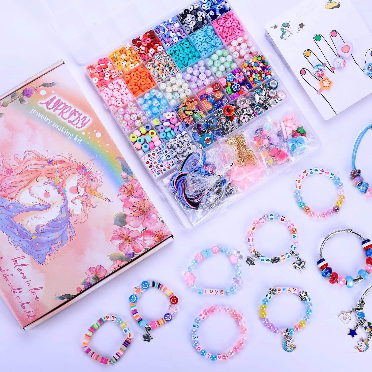 3200 Pcs Unicorn Jewelry Activity Kit,Clay Beads Bracelet Making Kit,Flat College Style Beading for Friendship Jewelry Making,Crystal Time Gem Ring Gifts,Diy Crafts for Teen Girls