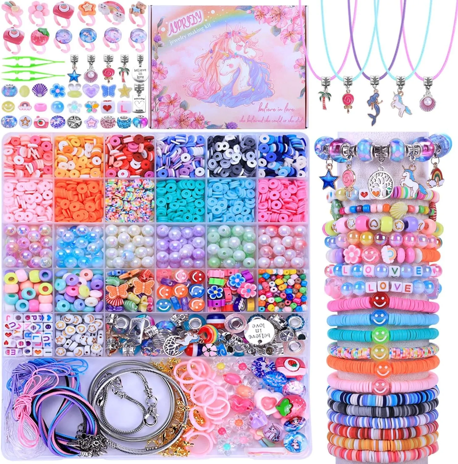 3200 Pcs Unicorn Jewelry Activity Kit,Clay Beads Bracelet Making Kit,Flat College Style Beading for Friendship Jewelry Making,Crystal Time Gem Ring Gifts,Diy Crafts for Teen Girls