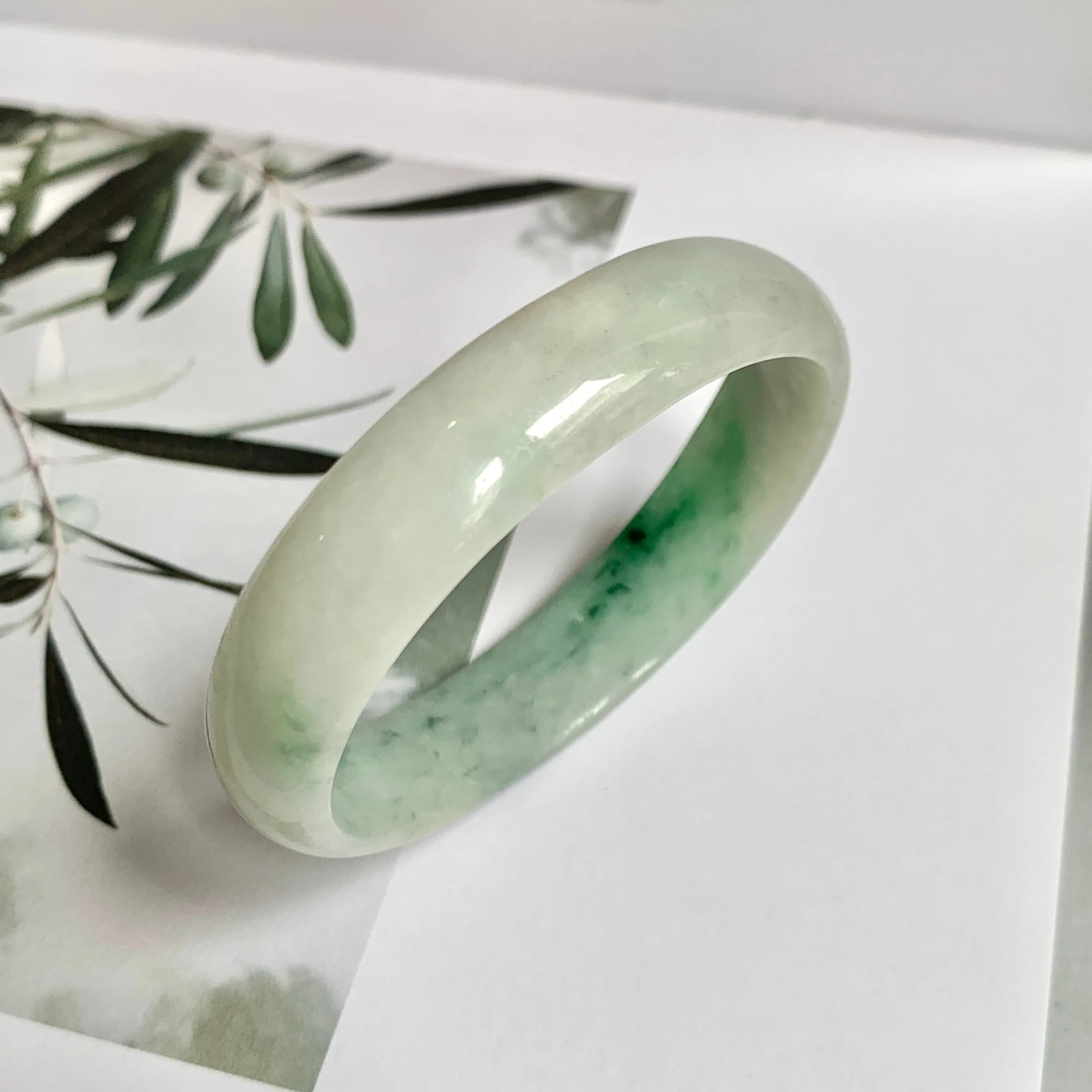 52.4mm A-Grade Natural Green Floral Jadeite Modern Oval Bangle No.151814