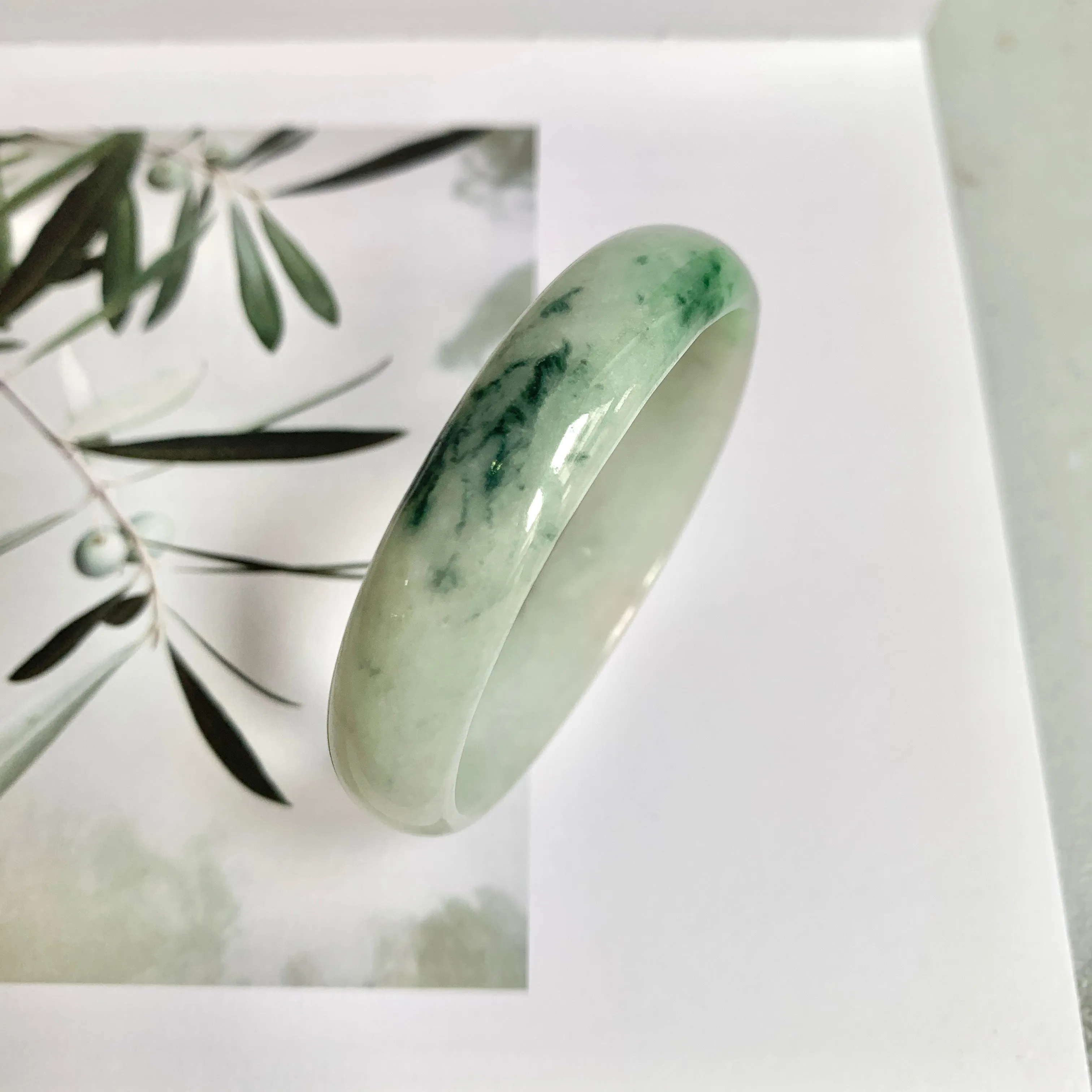 52.4mm A-Grade Natural Green Floral Jadeite Modern Oval Bangle No.151814