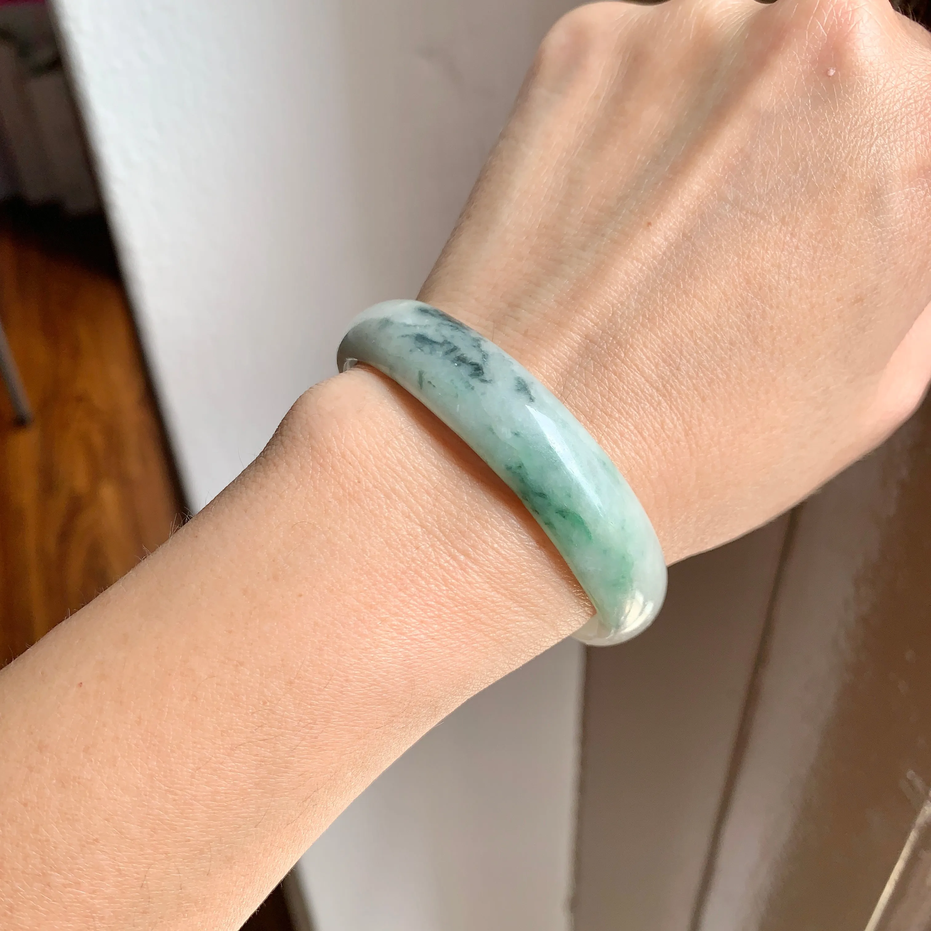 52.4mm A-Grade Natural Green Floral Jadeite Modern Oval Bangle No.151814
