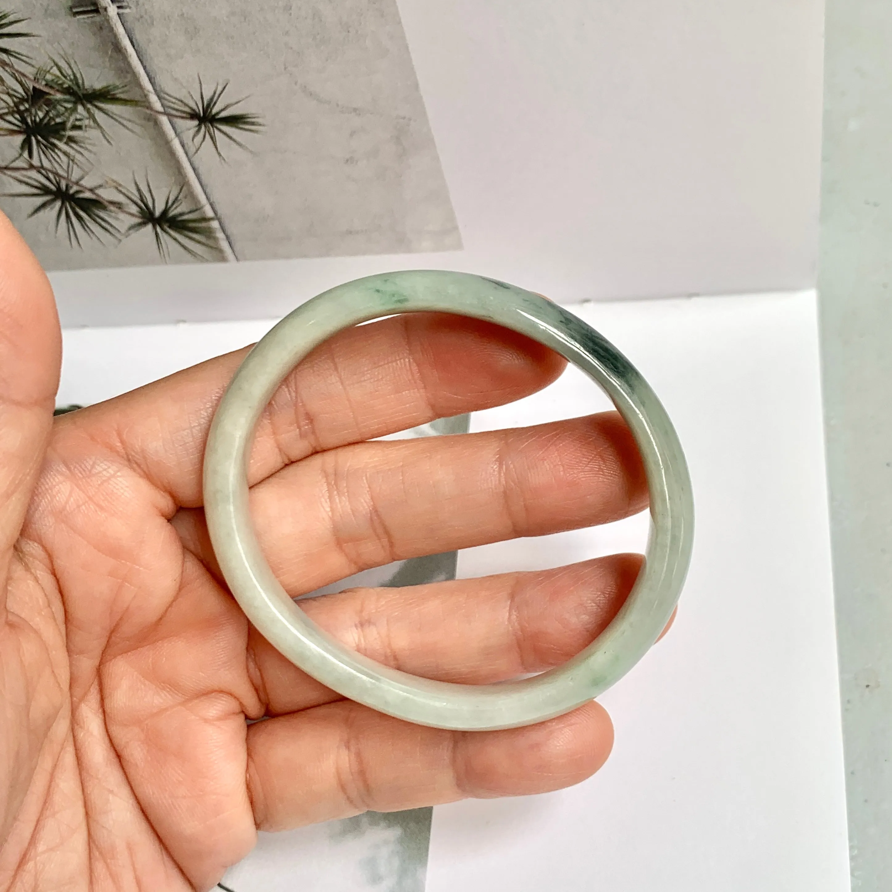 52.4mm A-Grade Natural Green Floral Jadeite Modern Oval Bangle No.151814