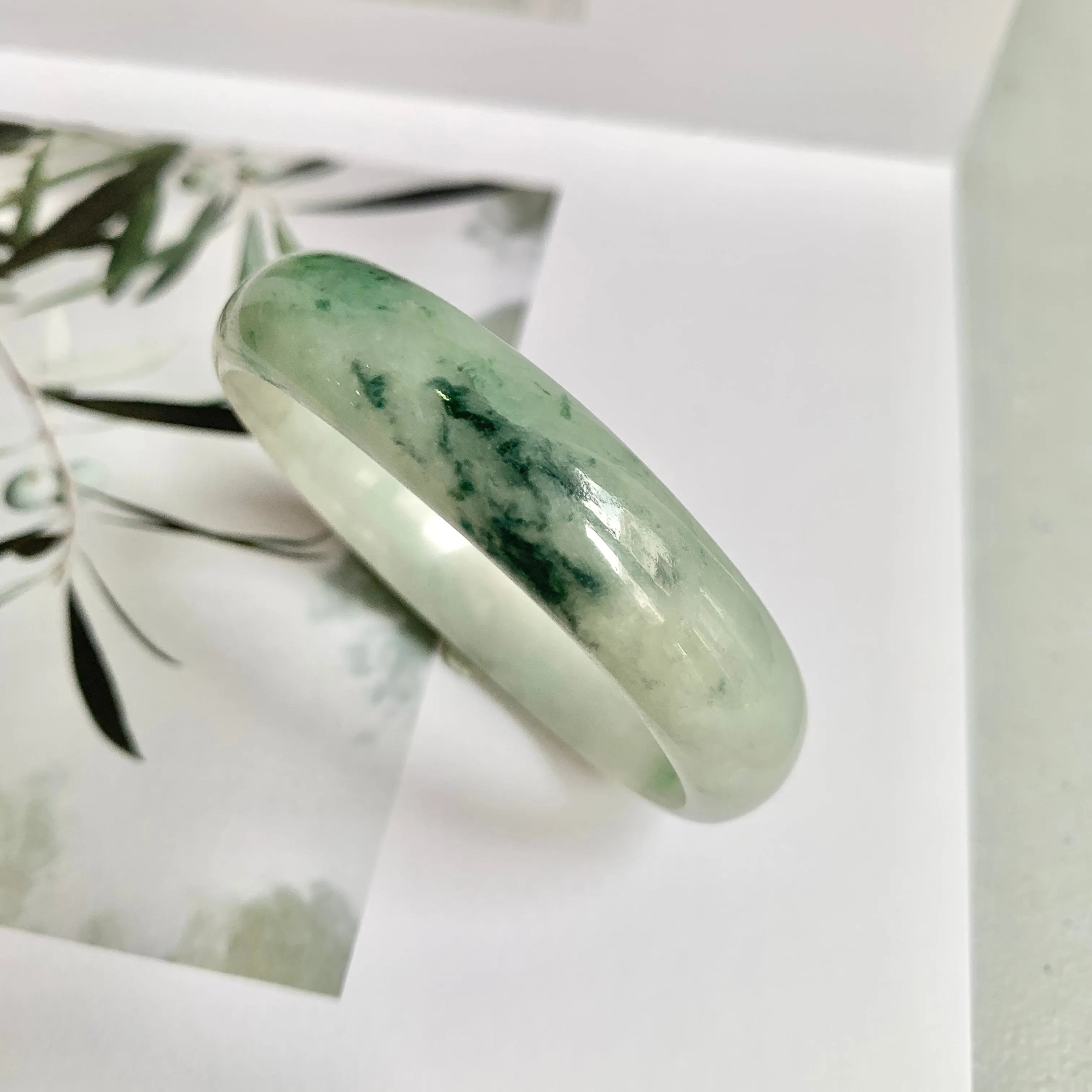 52.4mm A-Grade Natural Green Floral Jadeite Modern Oval Bangle No.151814