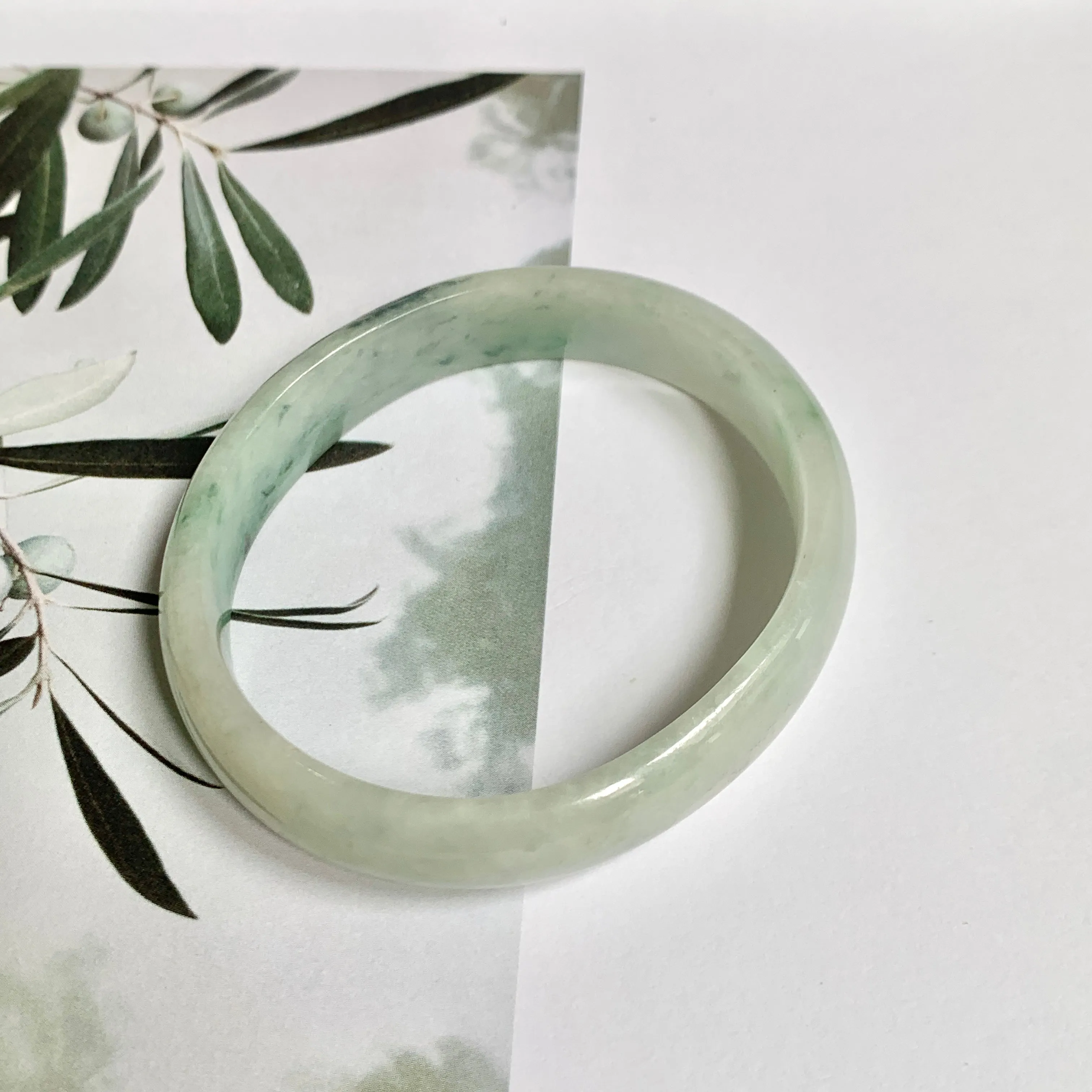 52.4mm A-Grade Natural Green Floral Jadeite Modern Oval Bangle No.151814