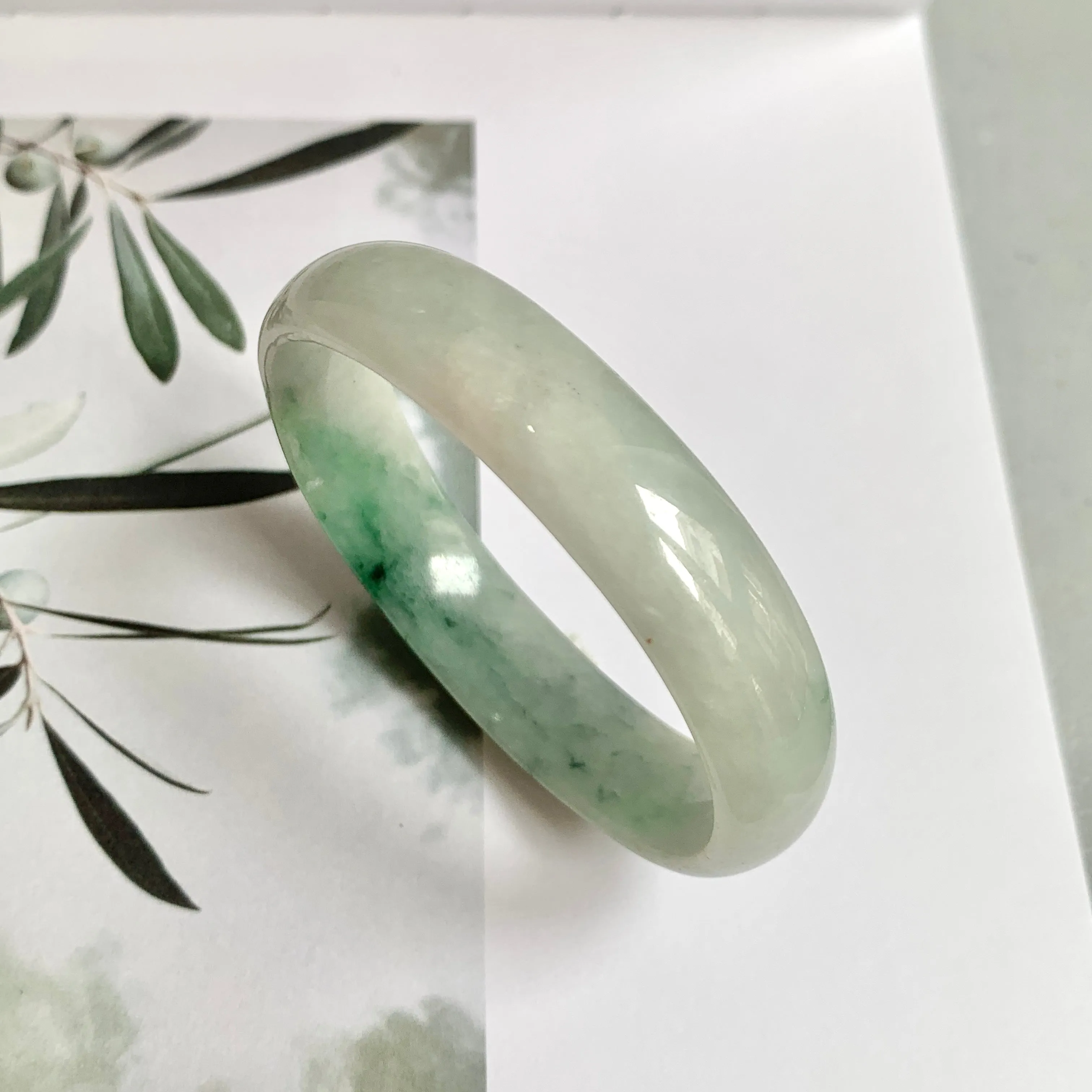52.4mm A-Grade Natural Green Floral Jadeite Modern Oval Bangle No.151814