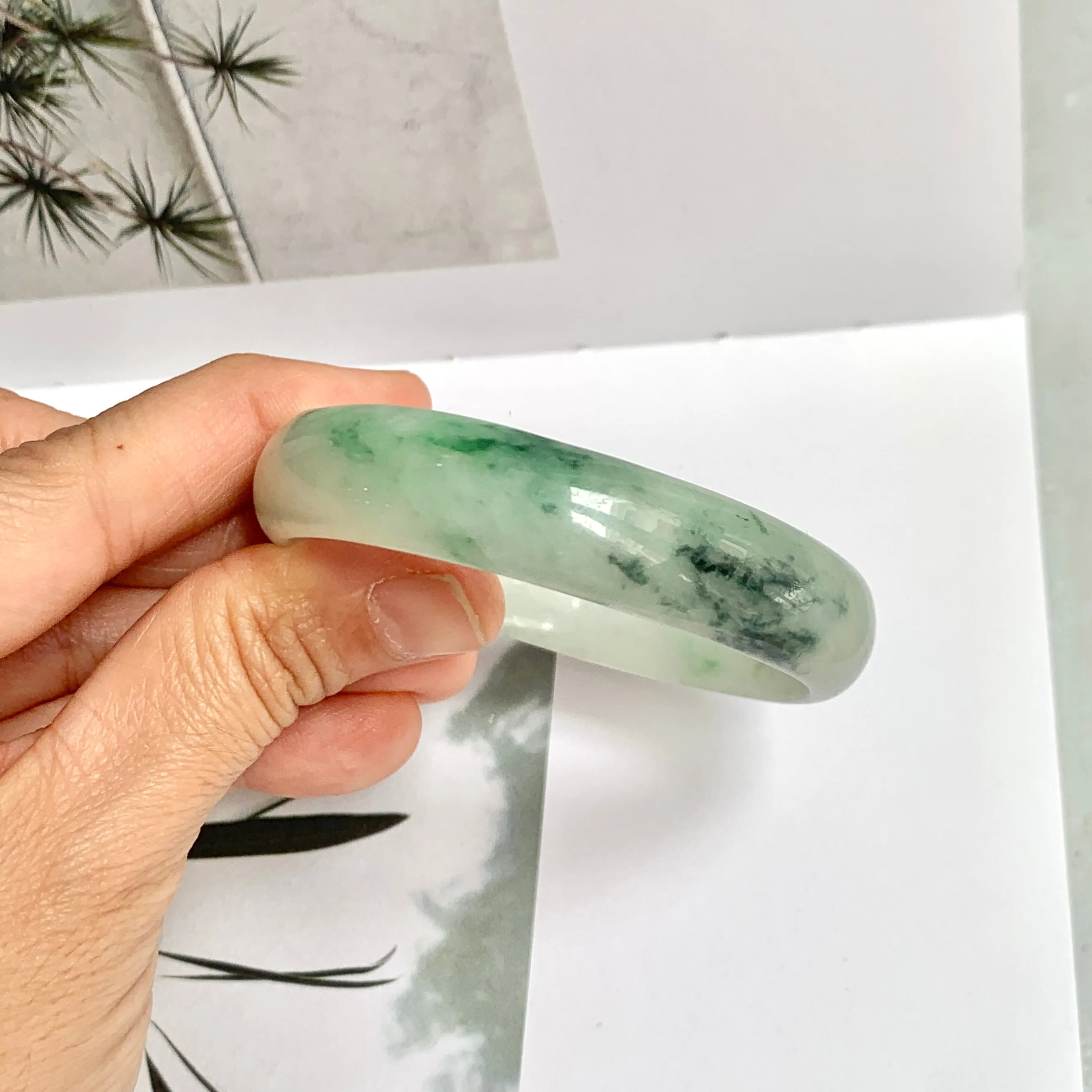 52.4mm A-Grade Natural Green Floral Jadeite Modern Oval Bangle No.151814