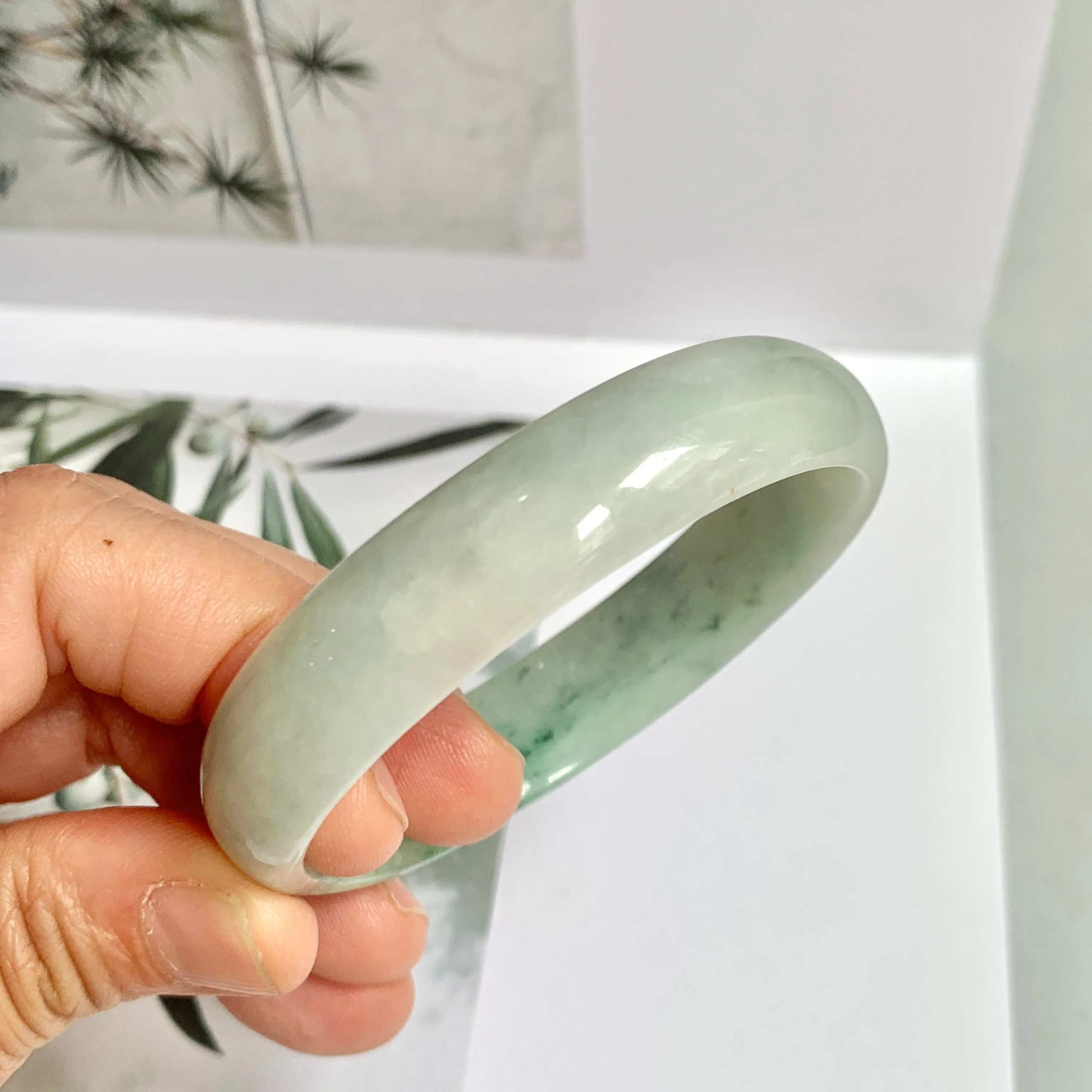 52.4mm A-Grade Natural Green Floral Jadeite Modern Oval Bangle No.151814