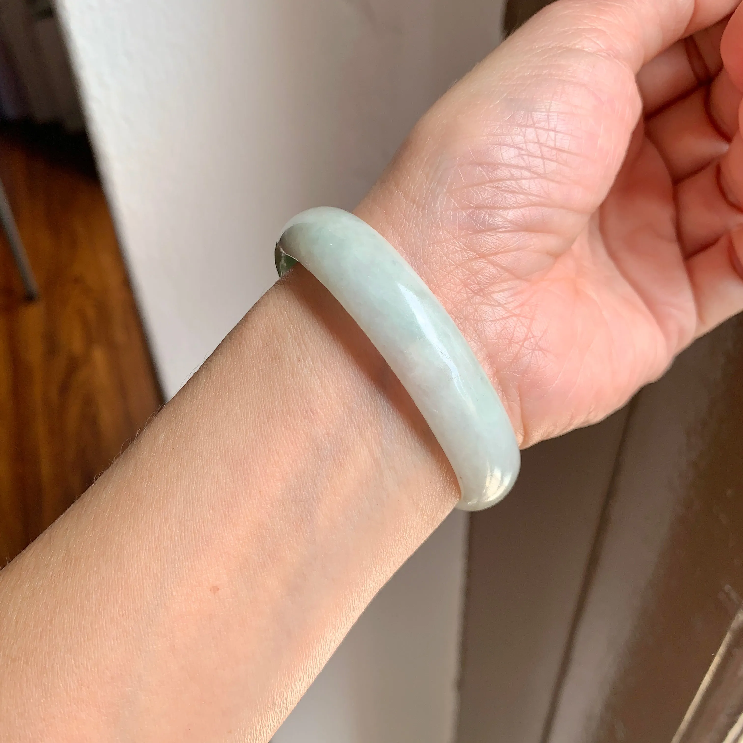 52.4mm A-Grade Natural Green Floral Jadeite Modern Oval Bangle No.151814