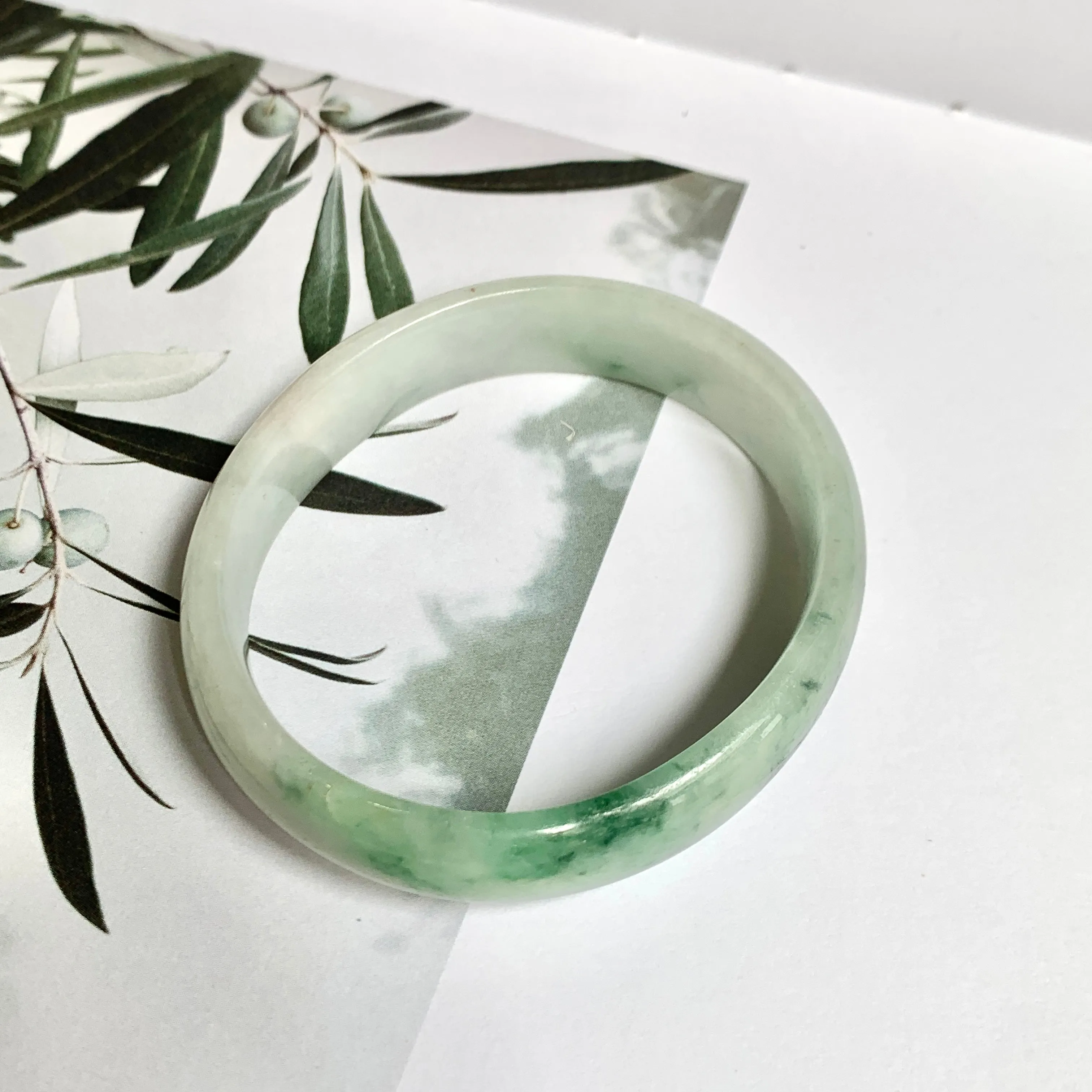 52.4mm A-Grade Natural Green Floral Jadeite Modern Oval Bangle No.151814