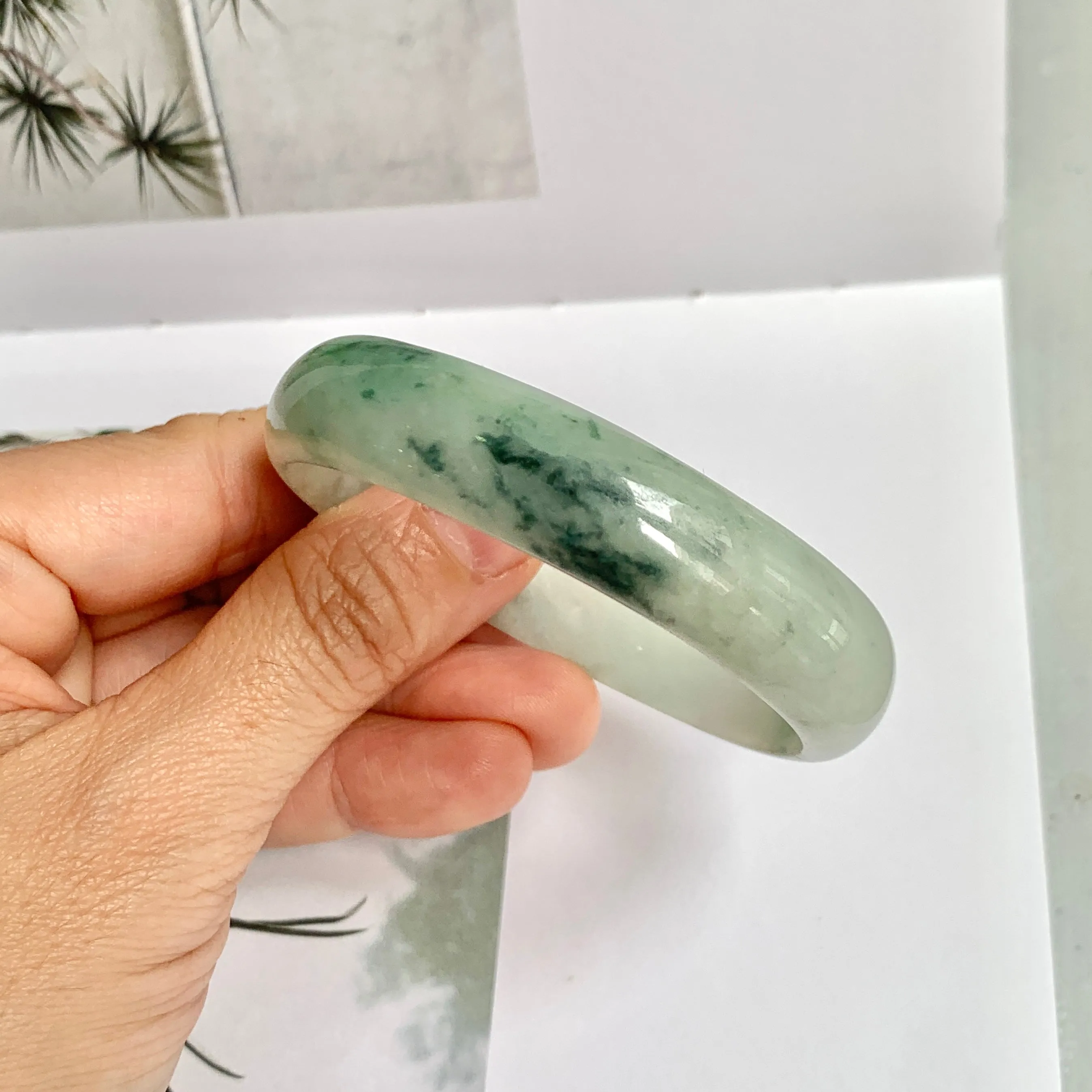 52.4mm A-Grade Natural Green Floral Jadeite Modern Oval Bangle No.151814