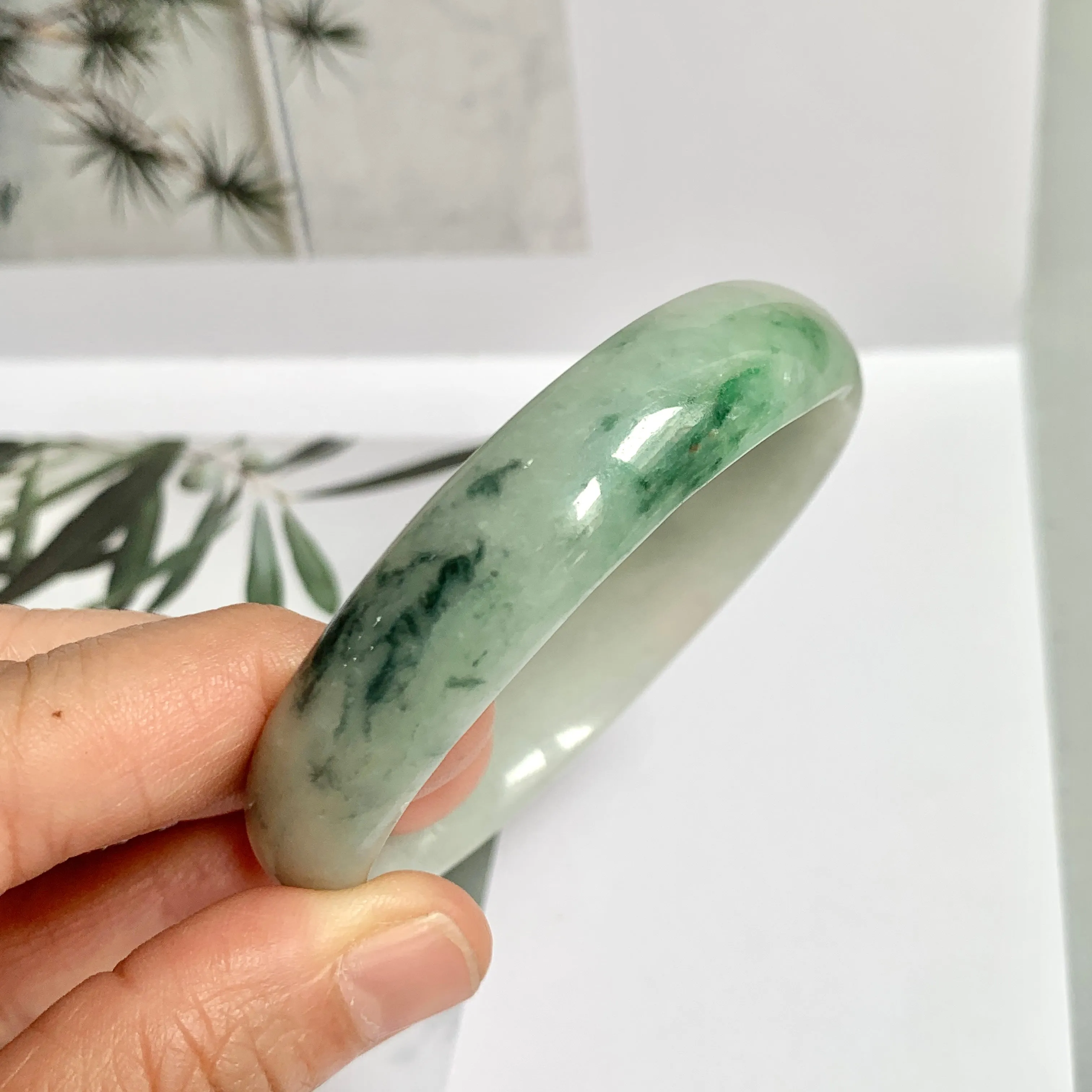 52.4mm A-Grade Natural Green Floral Jadeite Modern Oval Bangle No.151814