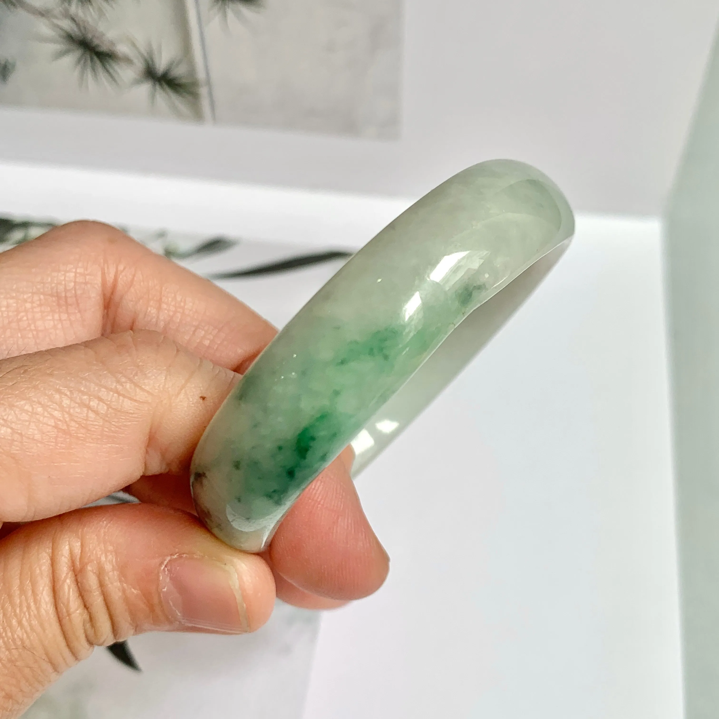 52.4mm A-Grade Natural Green Floral Jadeite Modern Oval Bangle No.151814