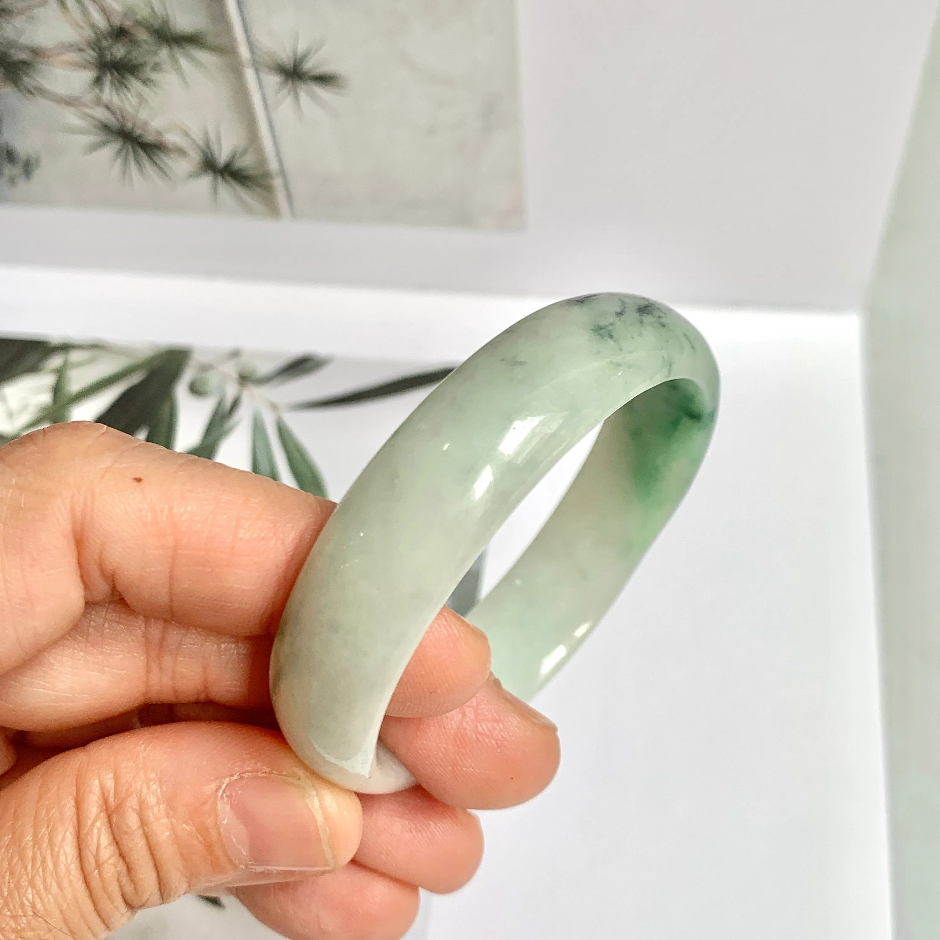 52.4mm A-Grade Natural Green Floral Jadeite Modern Oval Bangle No.151814