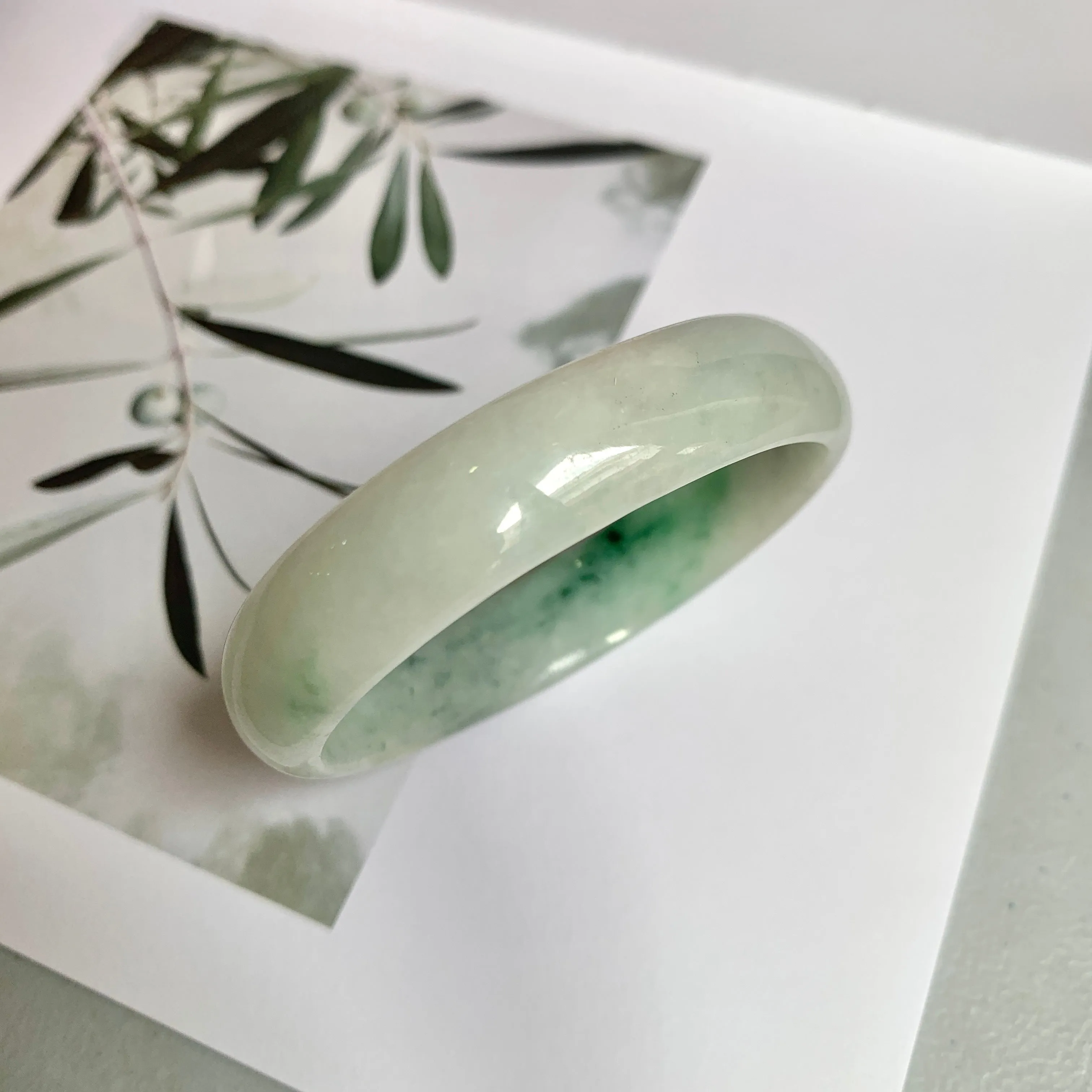 52.4mm A-Grade Natural Green Floral Jadeite Modern Oval Bangle No.151814