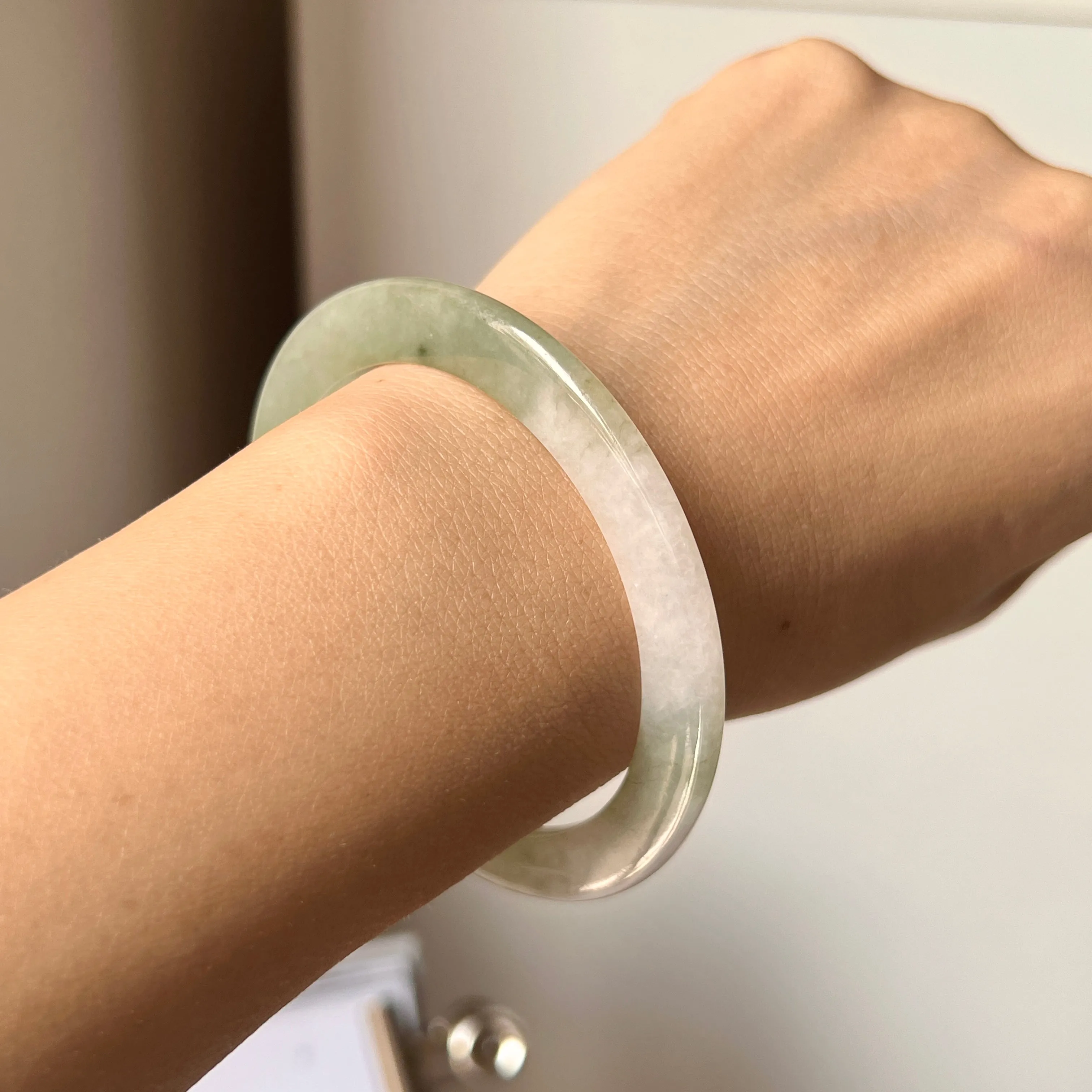 54.6mm A-Grade Natural Green White Jadeite Modern Round Bangle No. 152016