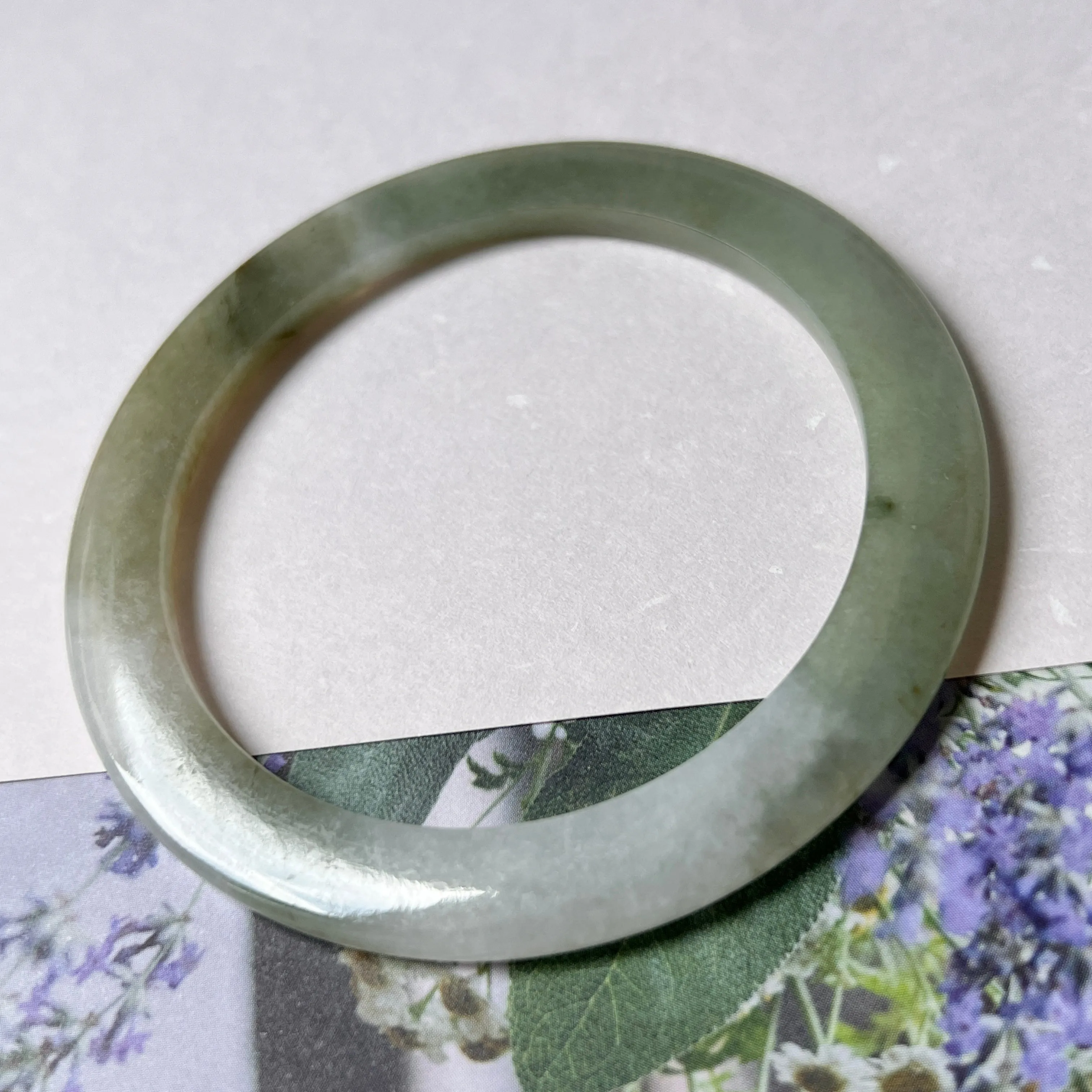 54.6mm A-Grade Natural Green White Jadeite Modern Round Bangle No. 152016