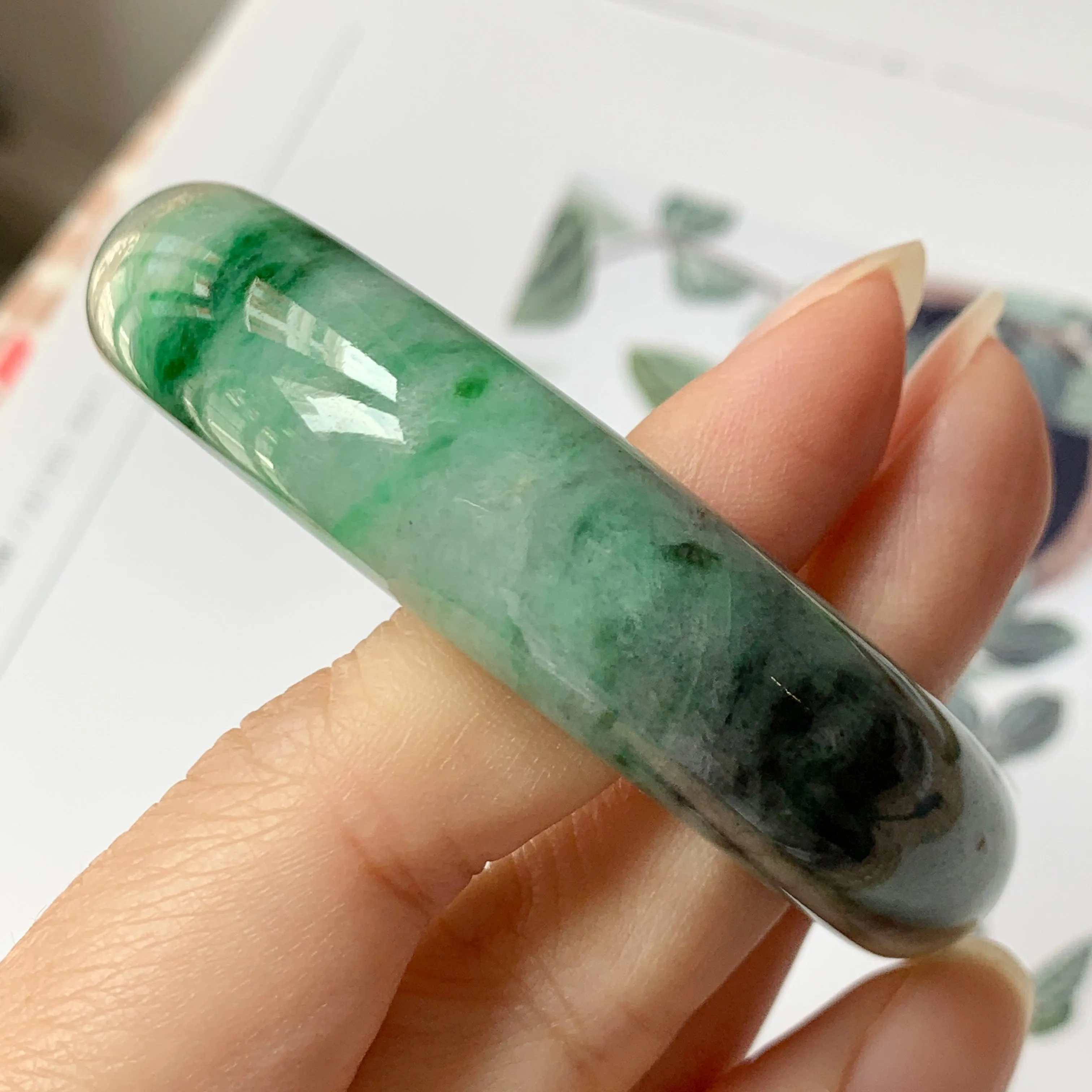 55.4mm A-Grade Natural Floral Imperial Green Jadeite Modern Round Bangle No.151594