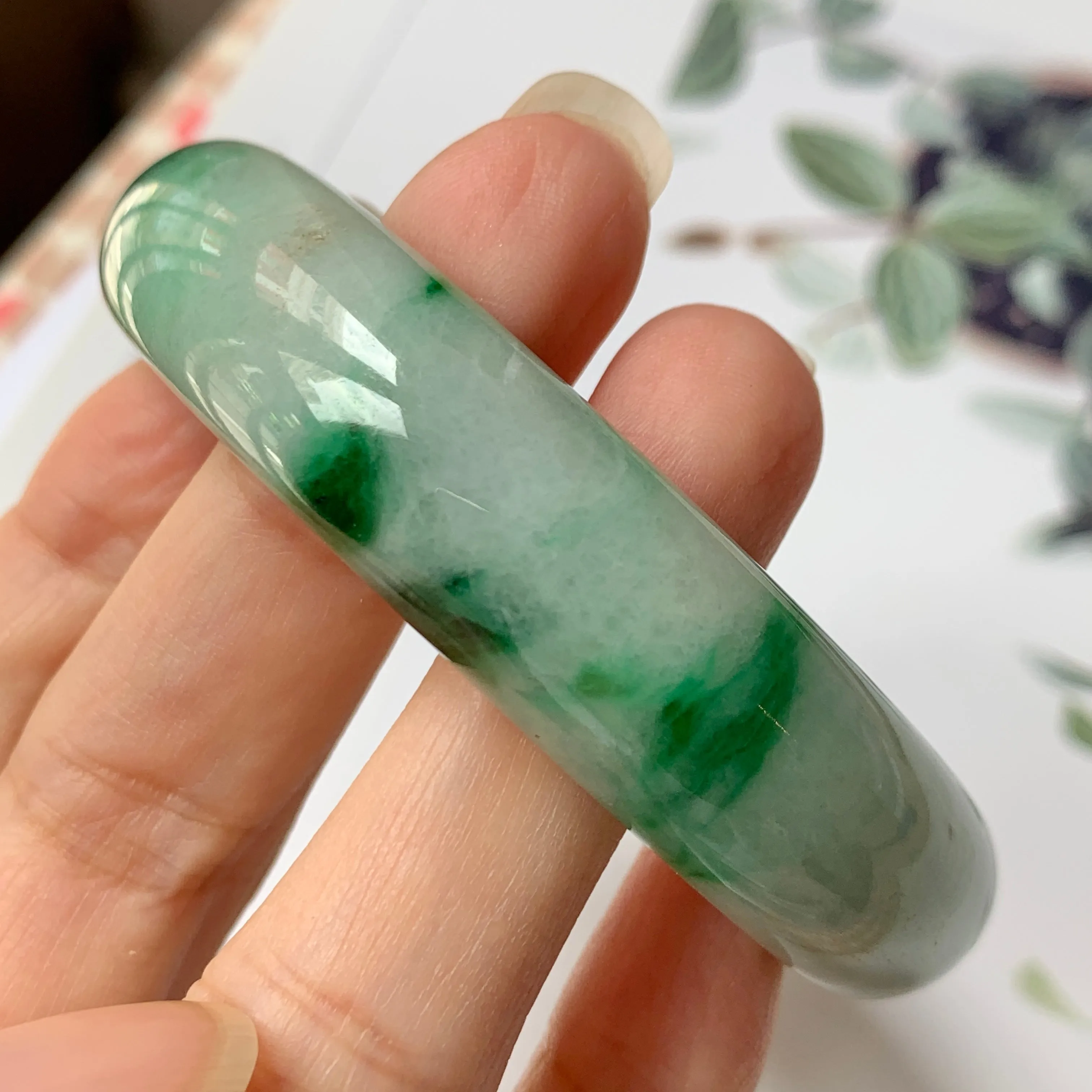 55.4mm A-Grade Natural Floral Imperial Green Jadeite Modern Round Bangle No.151594
