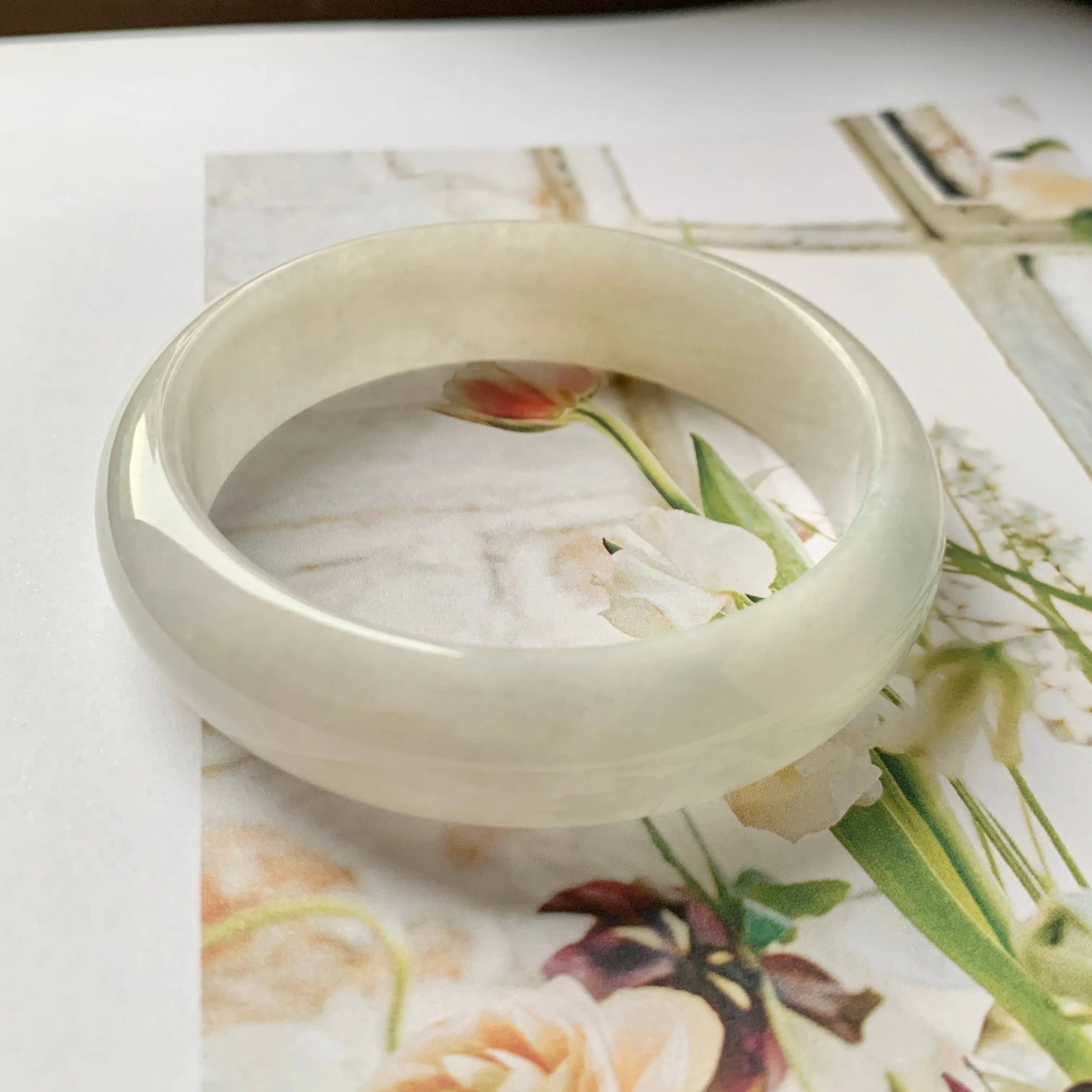 55.6mm A-Grade Natural White Jadeite Modern Round Bangle No.151948