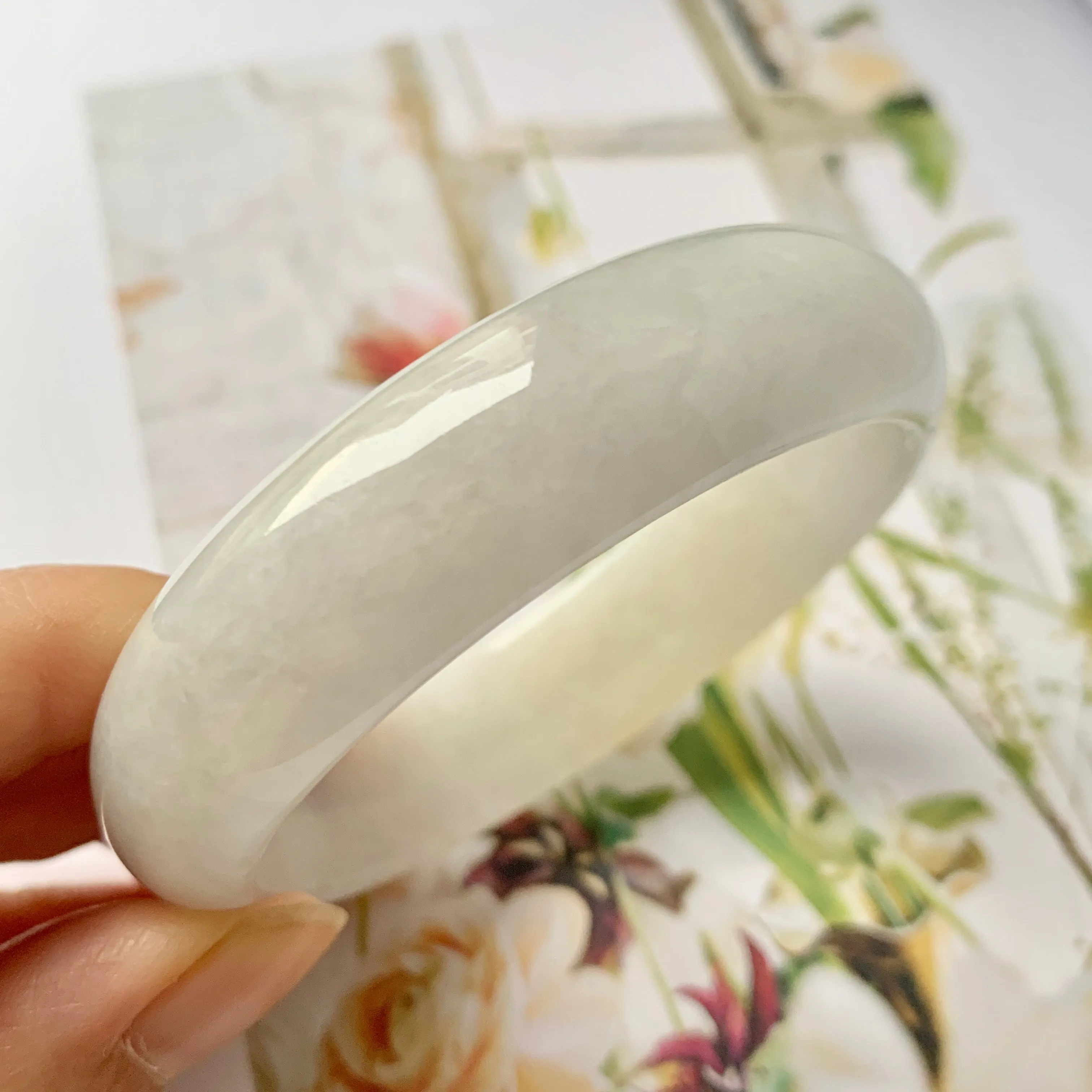 55.6mm A-Grade Natural White Jadeite Modern Round Bangle No.151948