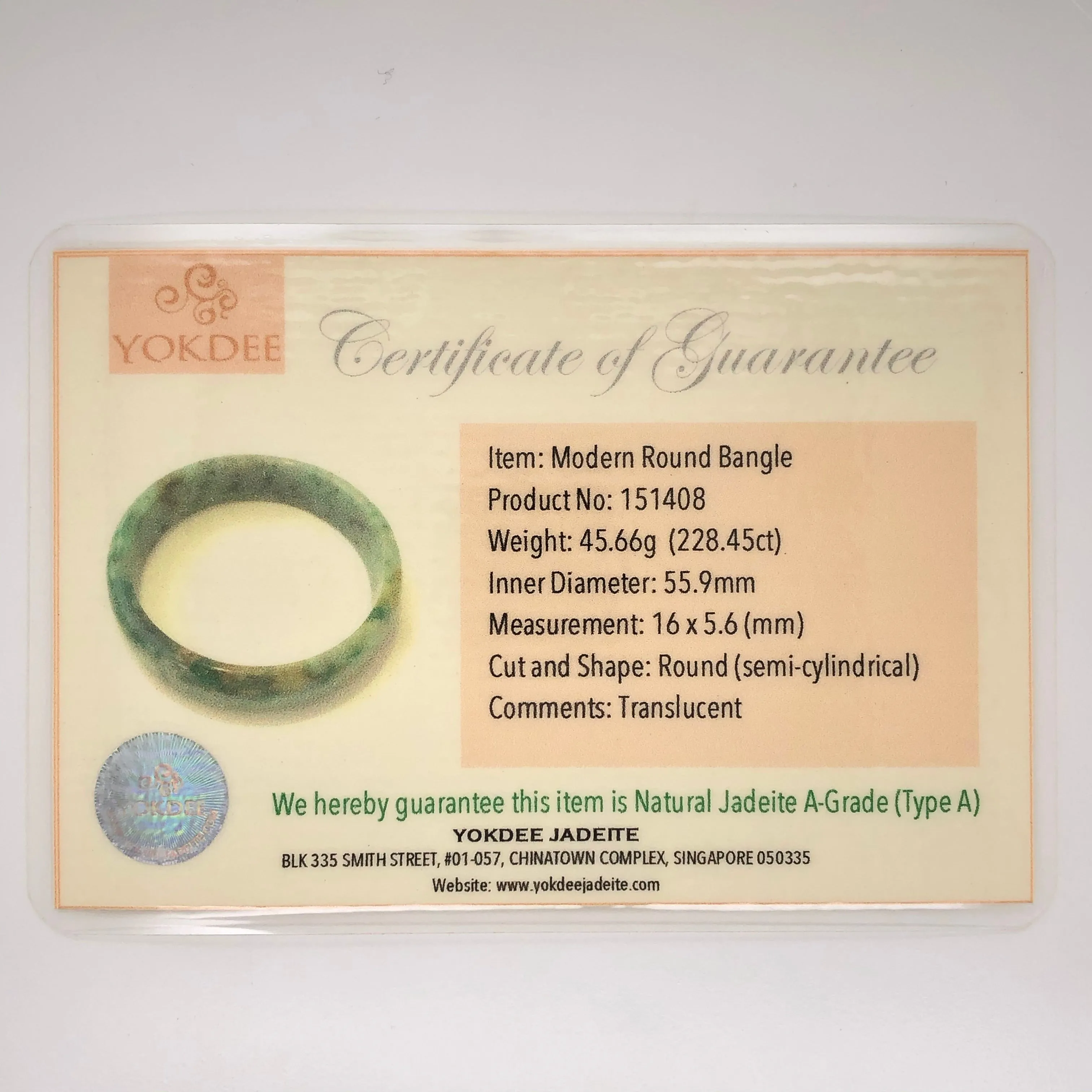 55.9mm A-Grade Type A Natural Jadeite Jade Modern Round Bangle No.151408