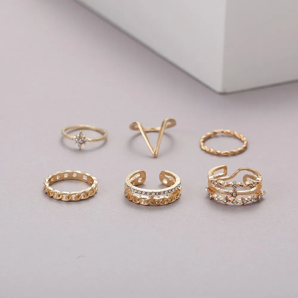 5pcs New Personality Golden Ring Creative Geometric Inlaid Rhinestone Girl and Lady Ring