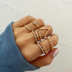 5pcs New Personality Golden Ring Creative Geometric Inlaid Rhinestone Girl and Lady Ring