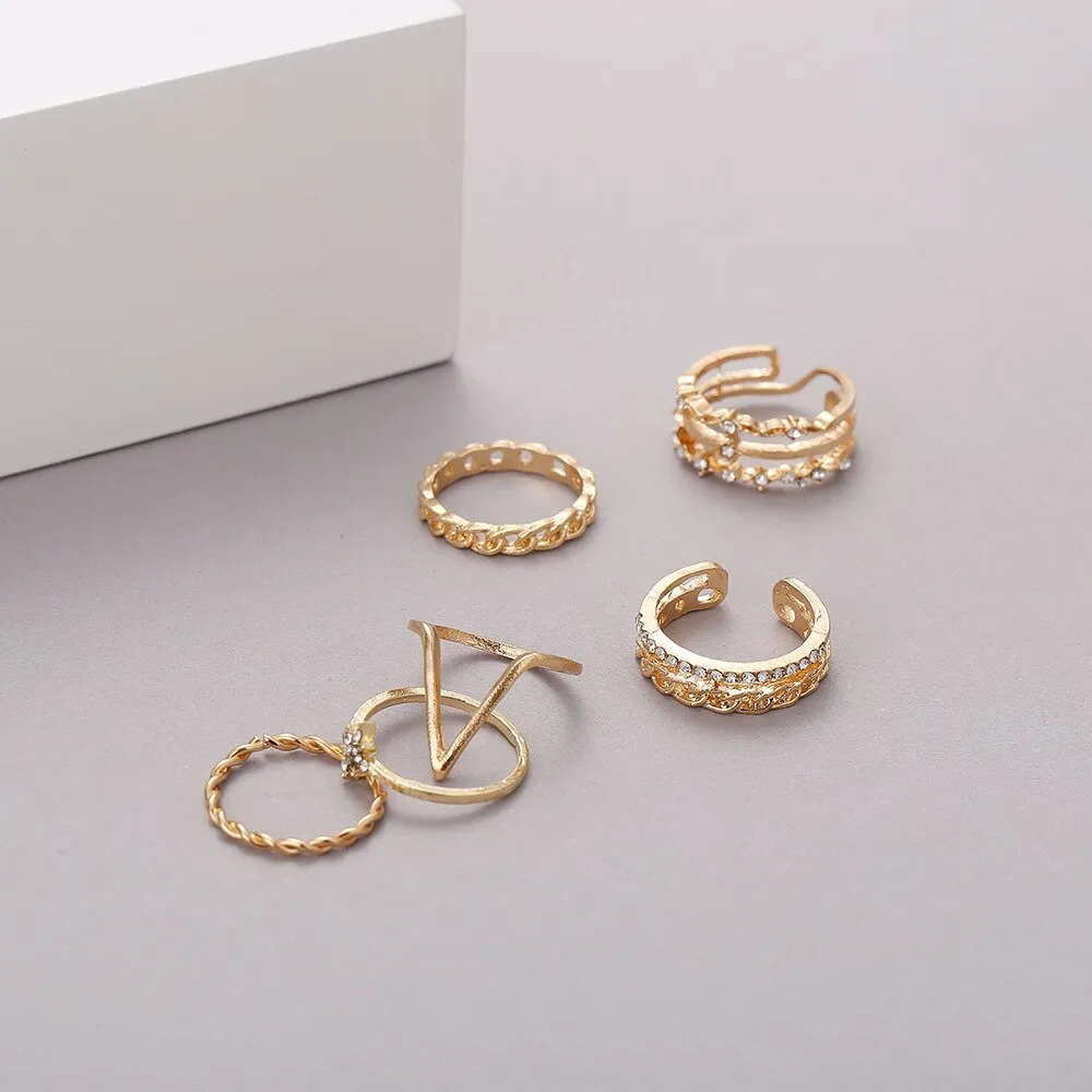 5pcs New Personality Golden Ring Creative Geometric Inlaid Rhinestone Girl and Lady Ring