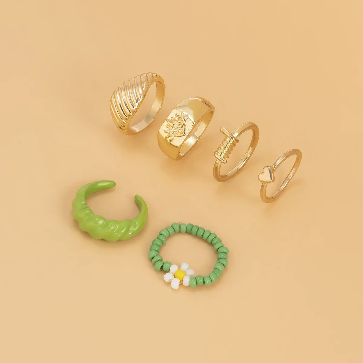 5pcs/set Punk Simple Geometric Beaded Metal Heart Rings Set for Women Girls 2022 Fashion Party Jewelry Vintage Rings anillos