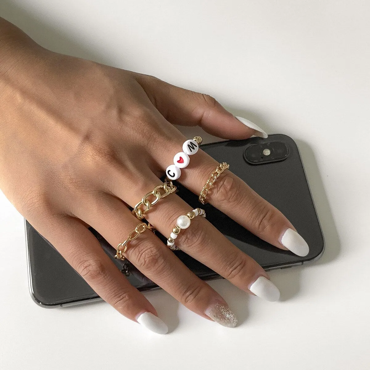 5pcs/set Trendy Geometric Hollow Link Chain Rings Simple Creative Jewelry Acrylic Letter Statement Rings Jewelry For Women Gifts